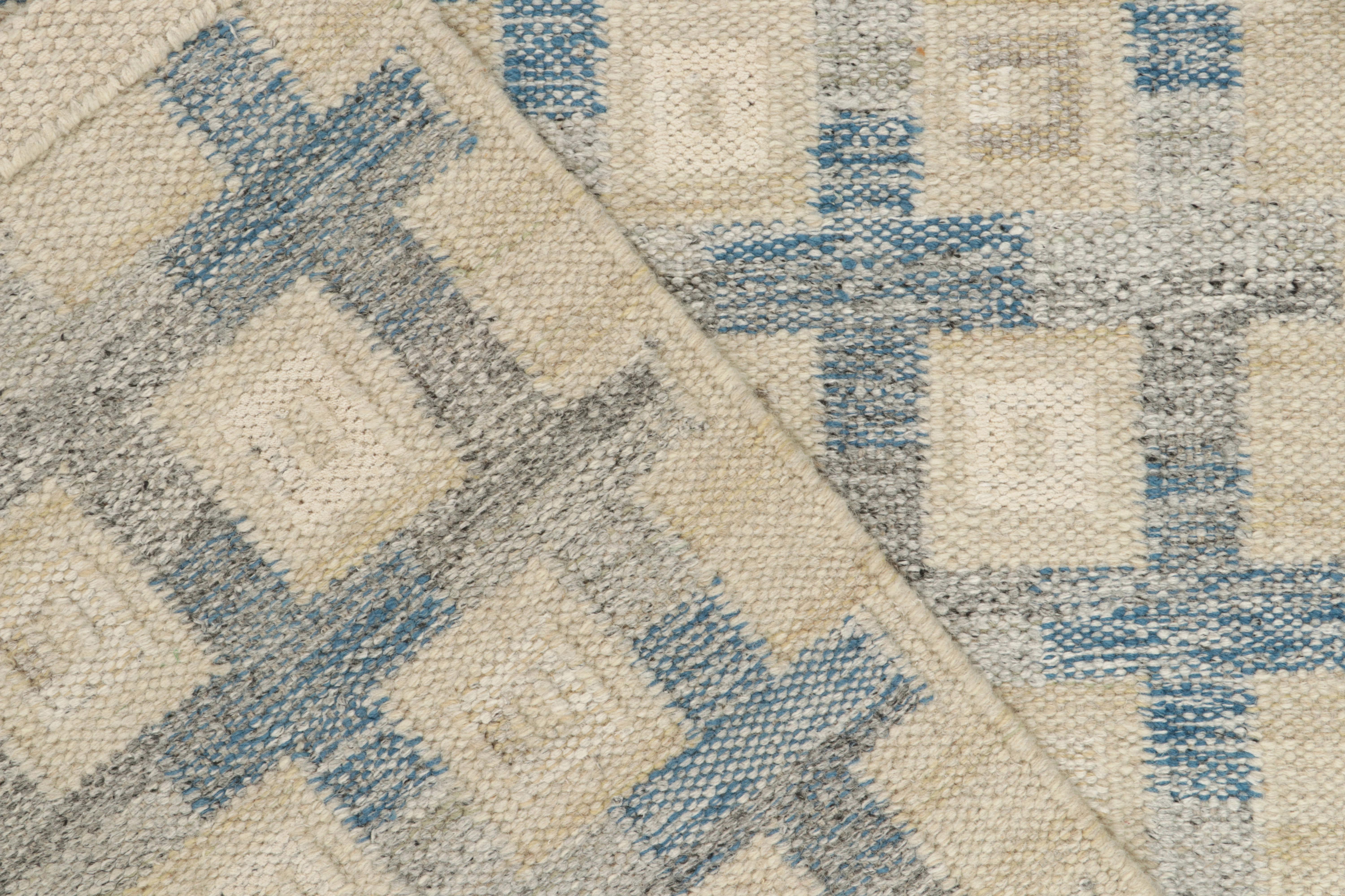 Rug & Kilim's Scandinavian Style Kilim Rug in Blue, Greige Geometric Pattern In New Condition For Sale In Long Island City, NY