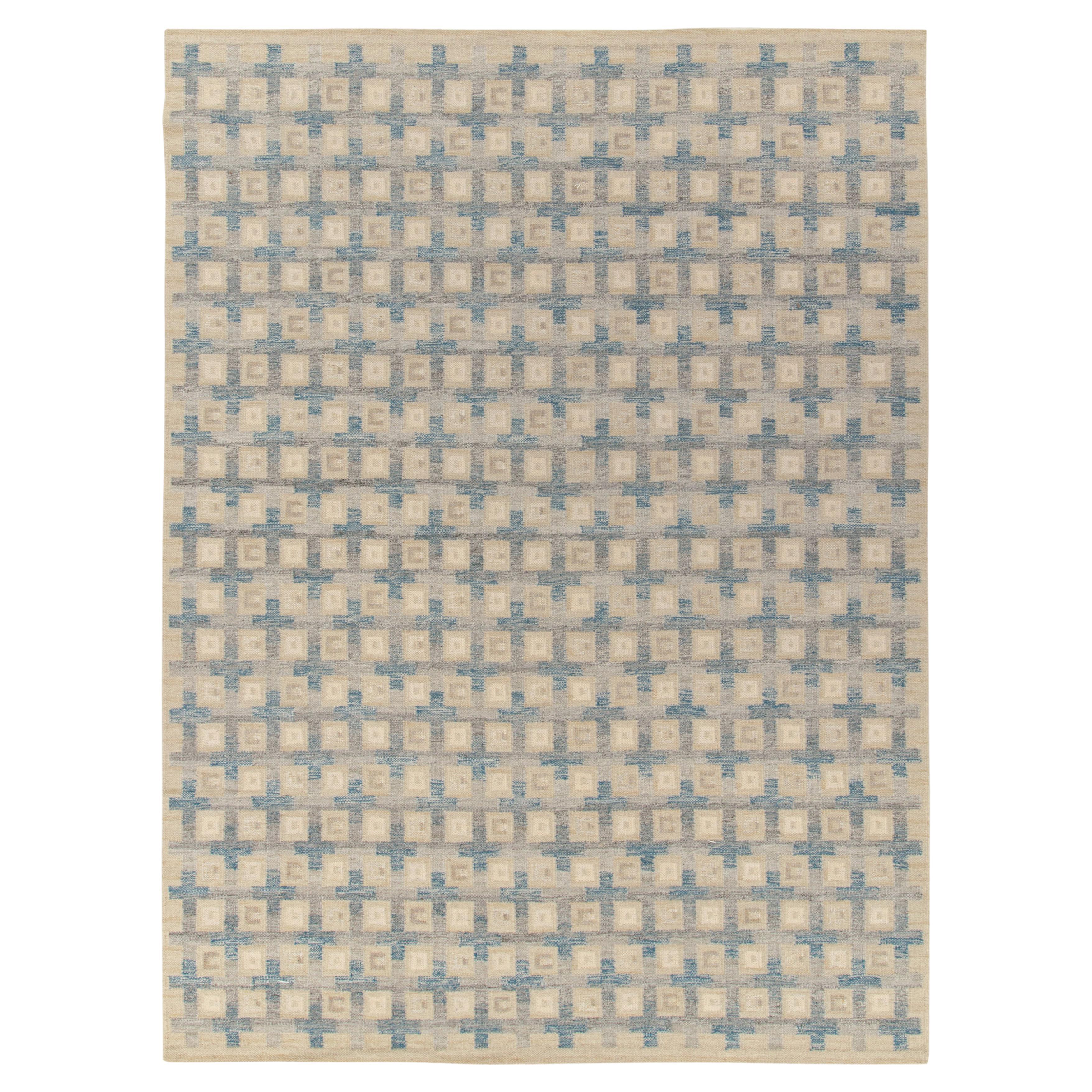 Tapis et tapis Kilim de style scandinave bleu, gris et à motif géométrique en vente