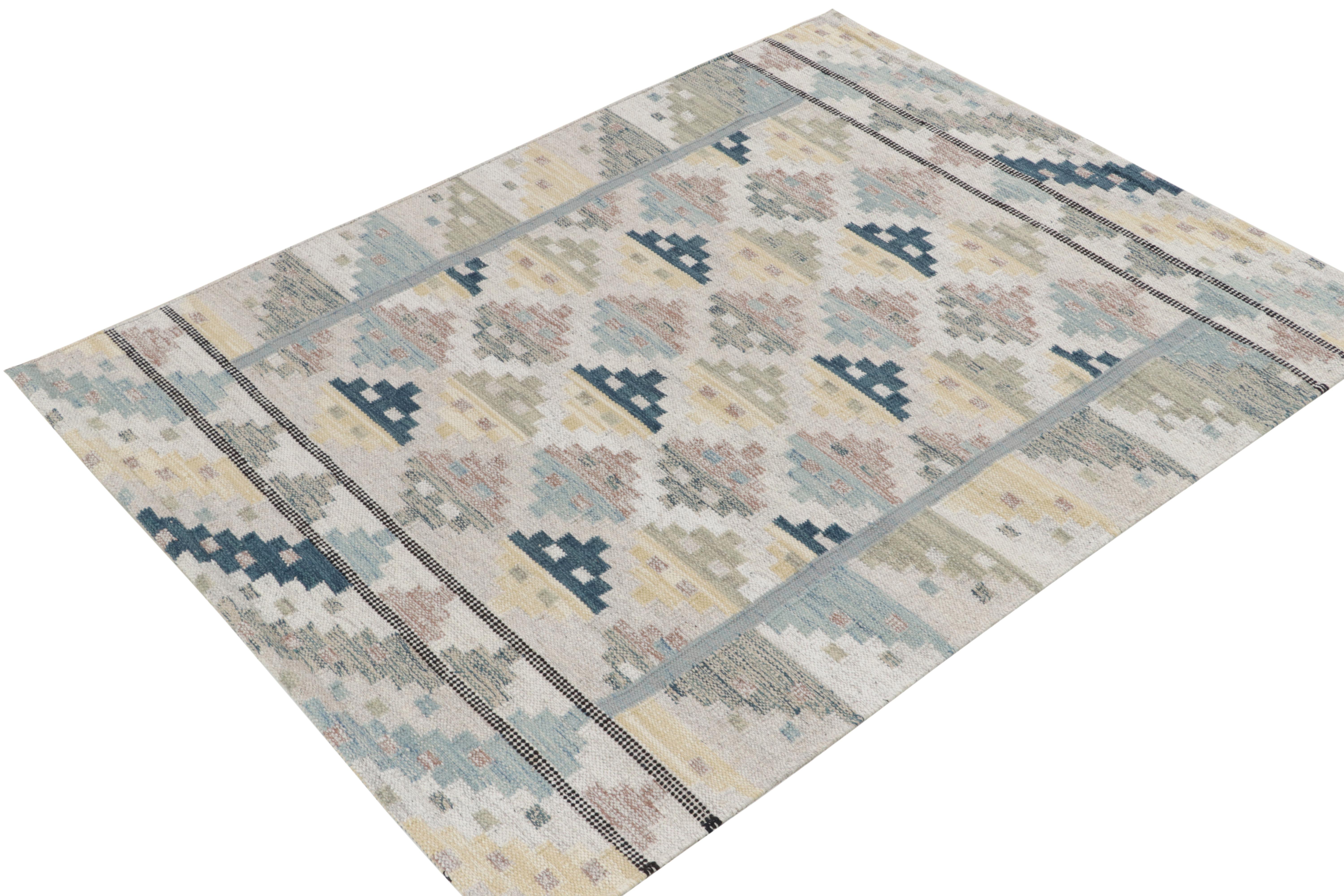 Mid-Century Modern Rug & Kilim's Scandinavian Style Kilim Rug in Blue, Off-White, Bright Geometry For Sale