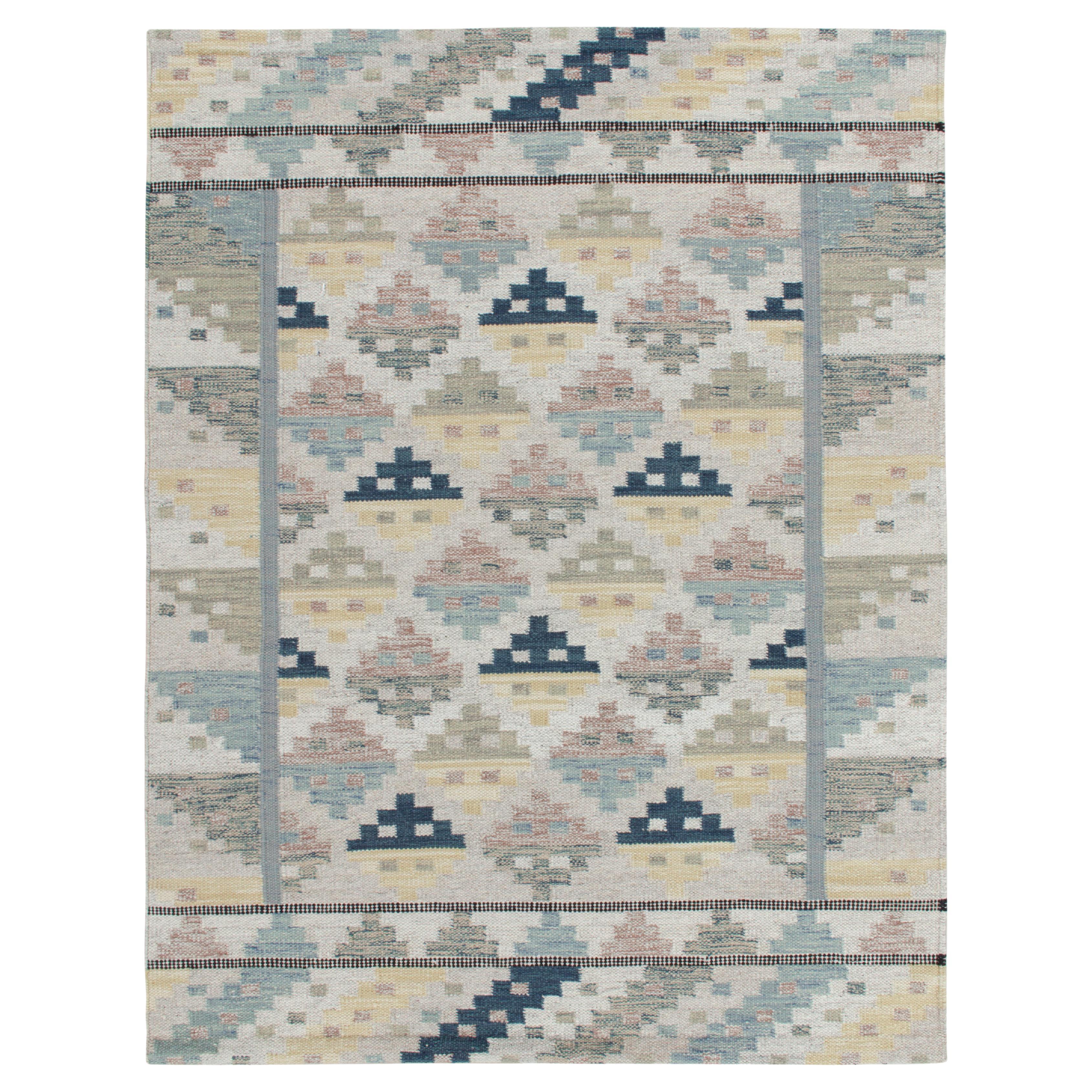 Rug & Kilim's Scandinavian Style Kilim Rug in Blue, Off-White, Bright Geometry For Sale