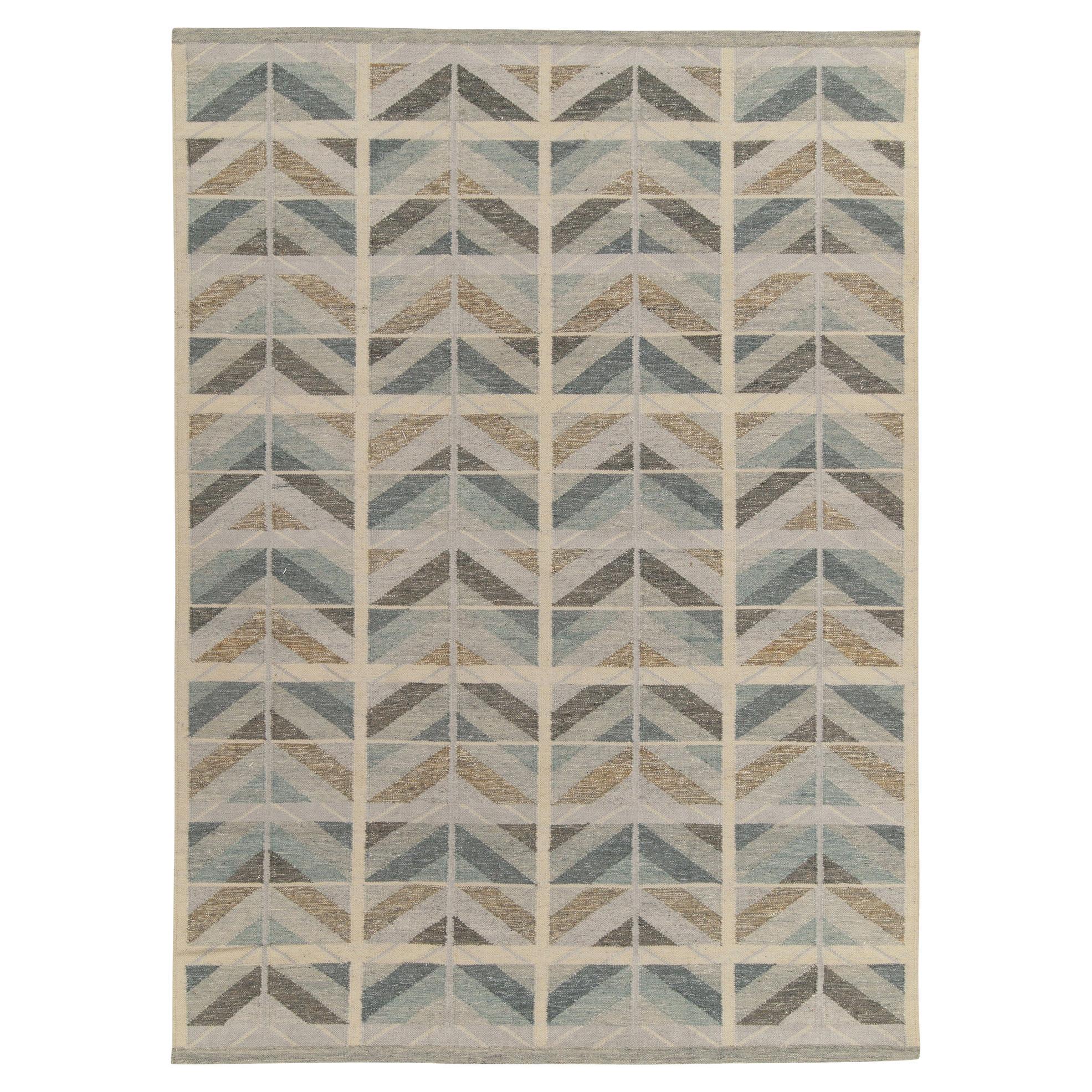 Kilim-Teppich und Kelim-Teppich im skandinavischen Stil in Grau, Beige und Blau mit Chevrons