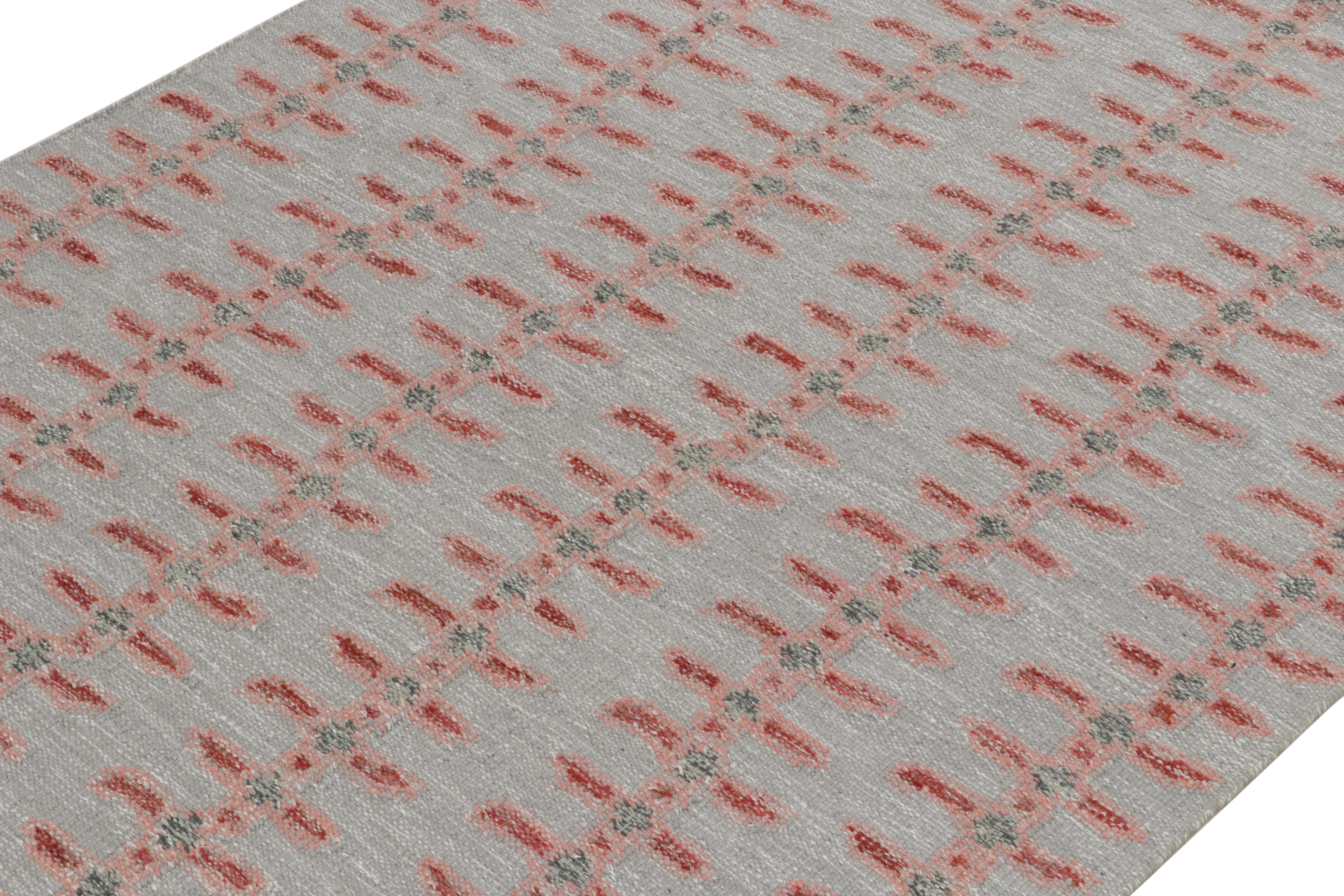 Indian Rug & Kilim's Scandinavian Style Kilim Rug in Gray, Red & Pink For Sale