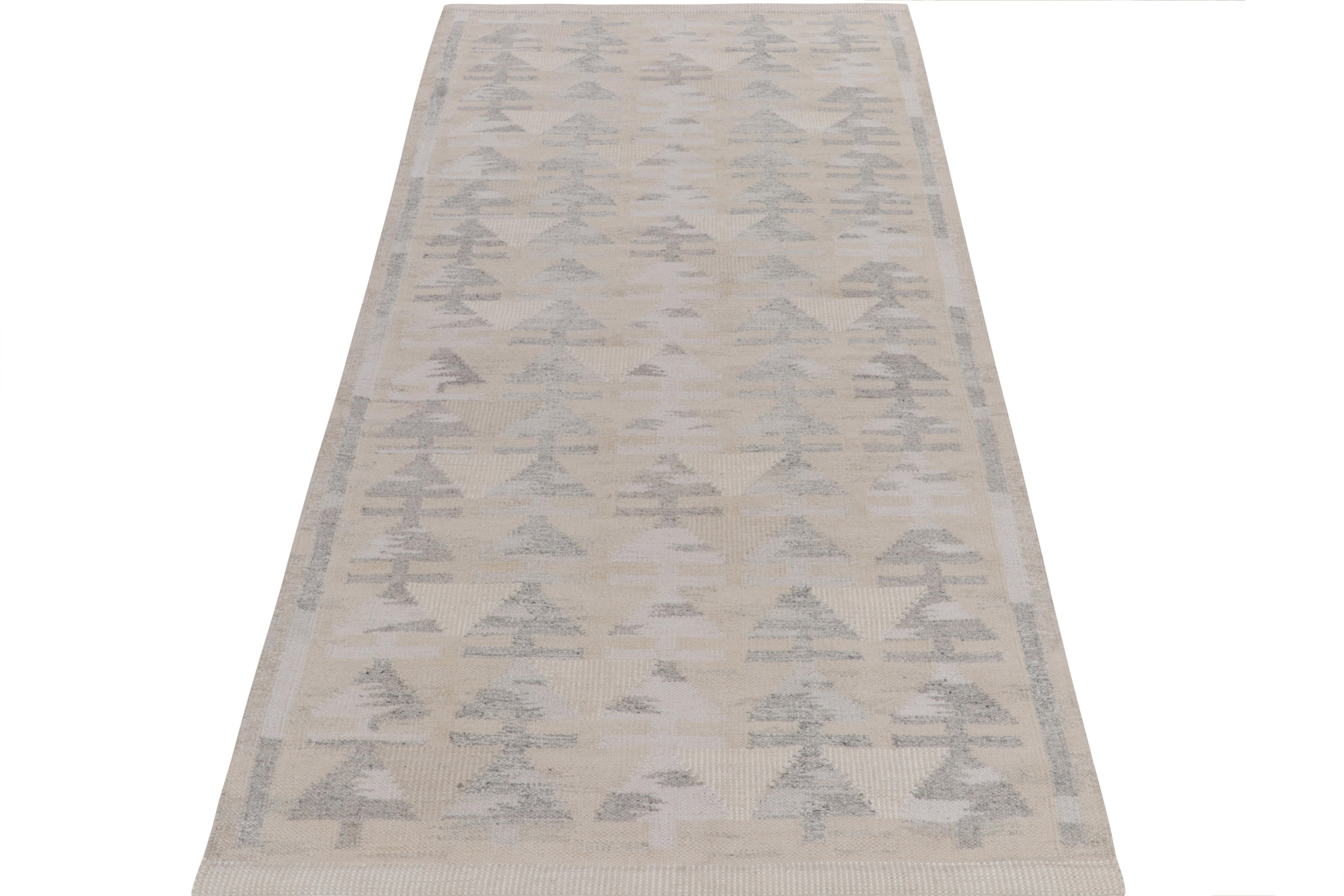 Handwoven in fine quality wool, a 5x10 kilim reflecting our passion for Scandinavian flatweaves, joining our titular award-winning collection. The rug features geometric repetition in sublime, chic gray & beige with off-white accents enjoying