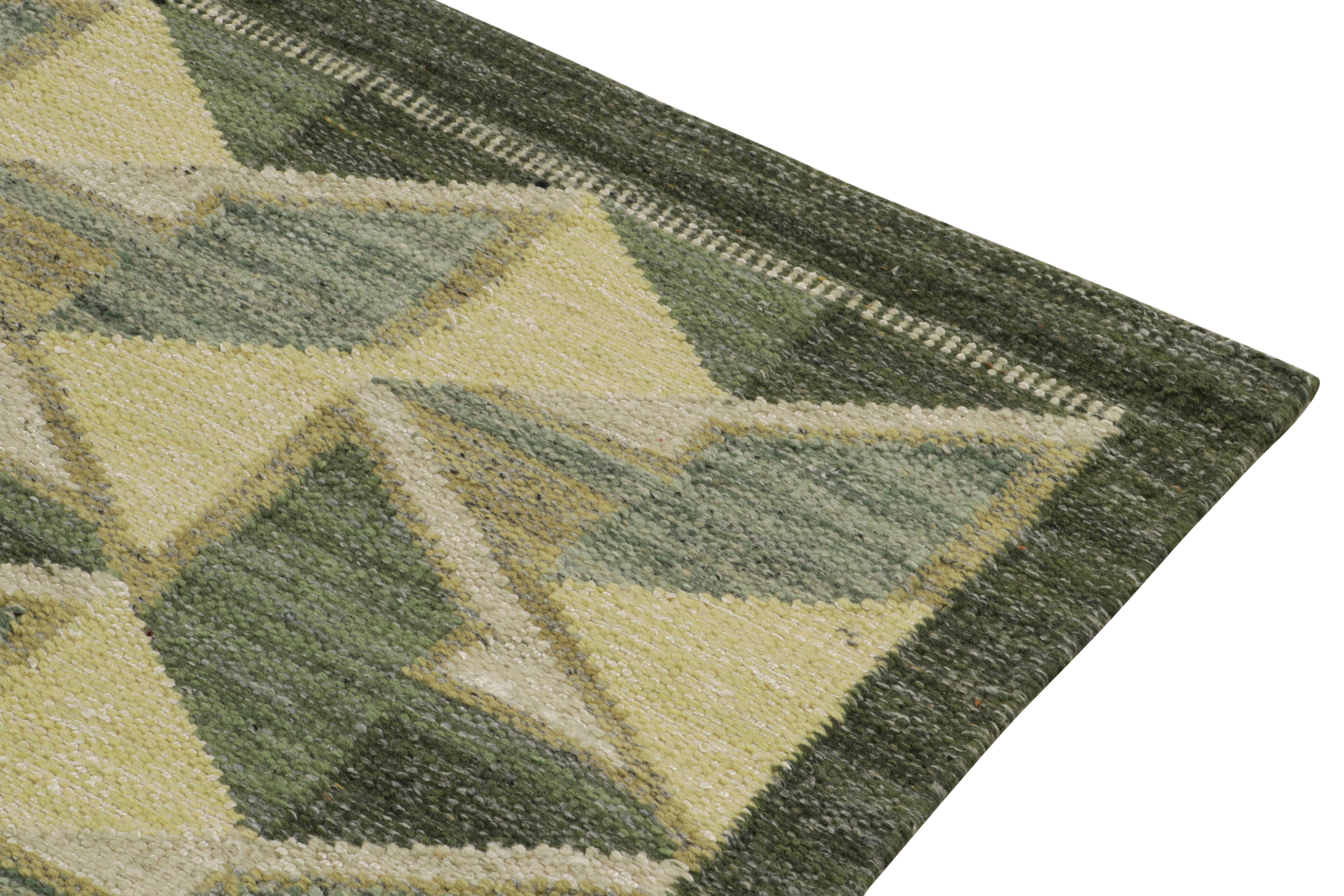 Hand-Knotted Rug & Kilim's Scandinavian Style Kilim Rug in Green & Gray Geometric Pattern For Sale