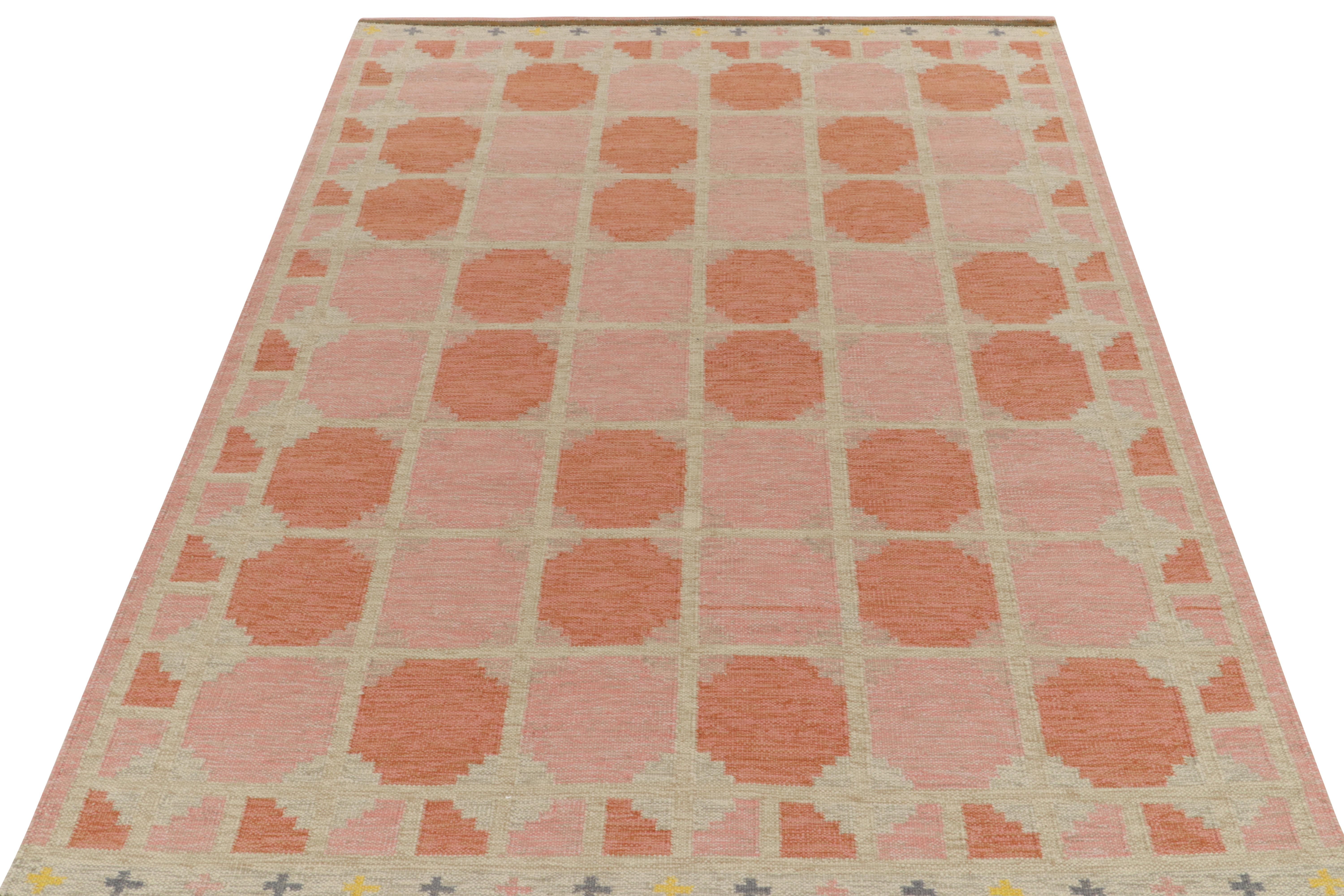 Connoting a contemporary take on vintage Swedish aesthetics, an 8 x 11 flat weave from Rug & Kilim’s award-winning Scandinavian Collection. The modern style Kilim adopts a classic Deco approach with an embellished joining at each crossing of the