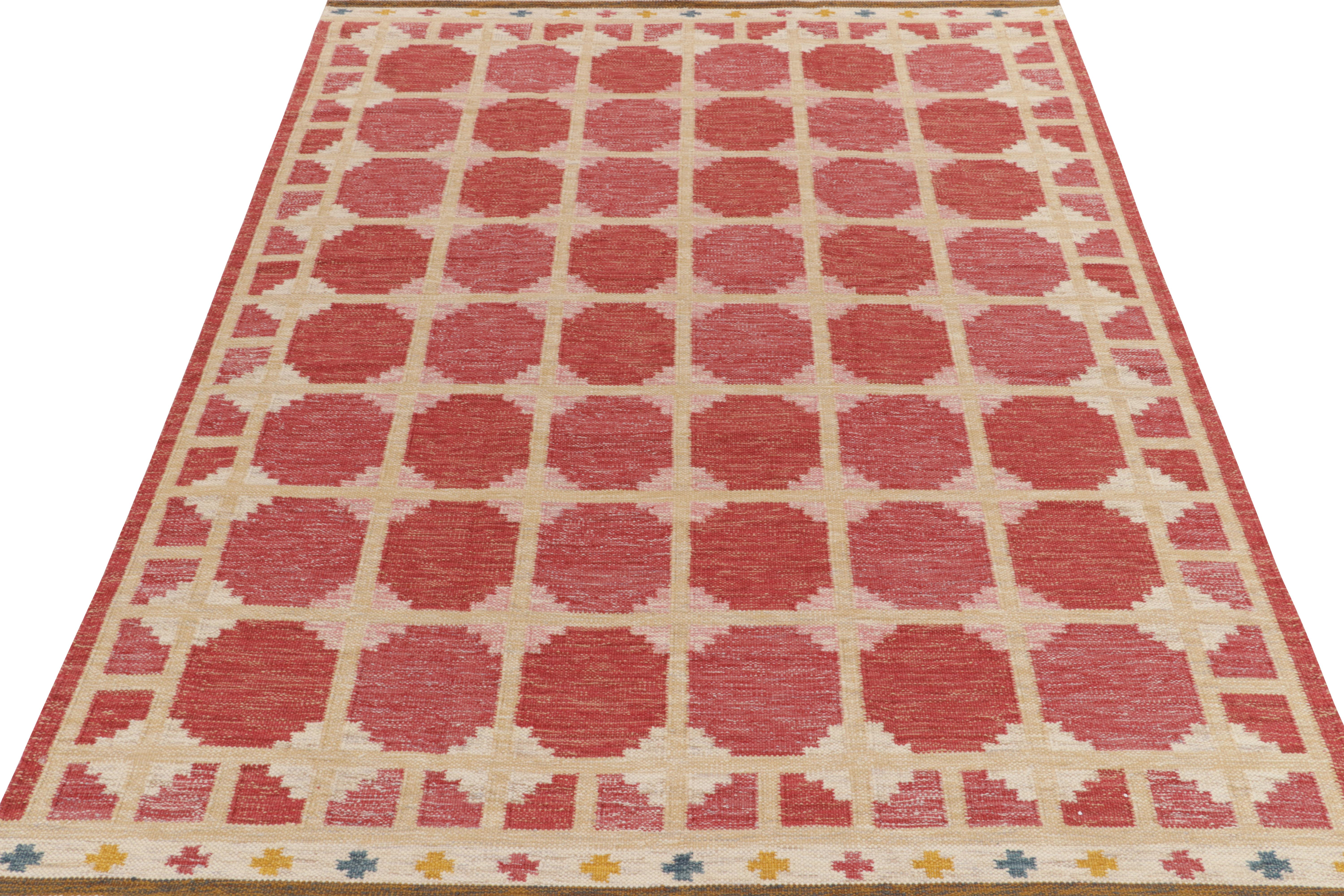 Connoting a contemporary take on vintage Swedish aesthetics, a 9x11 flat weave from Rug & Kilim’s award-winning Scandinavian Collection. The modern style Kilim adopts a classic Deco approach with an embellished joining at each crossing of the