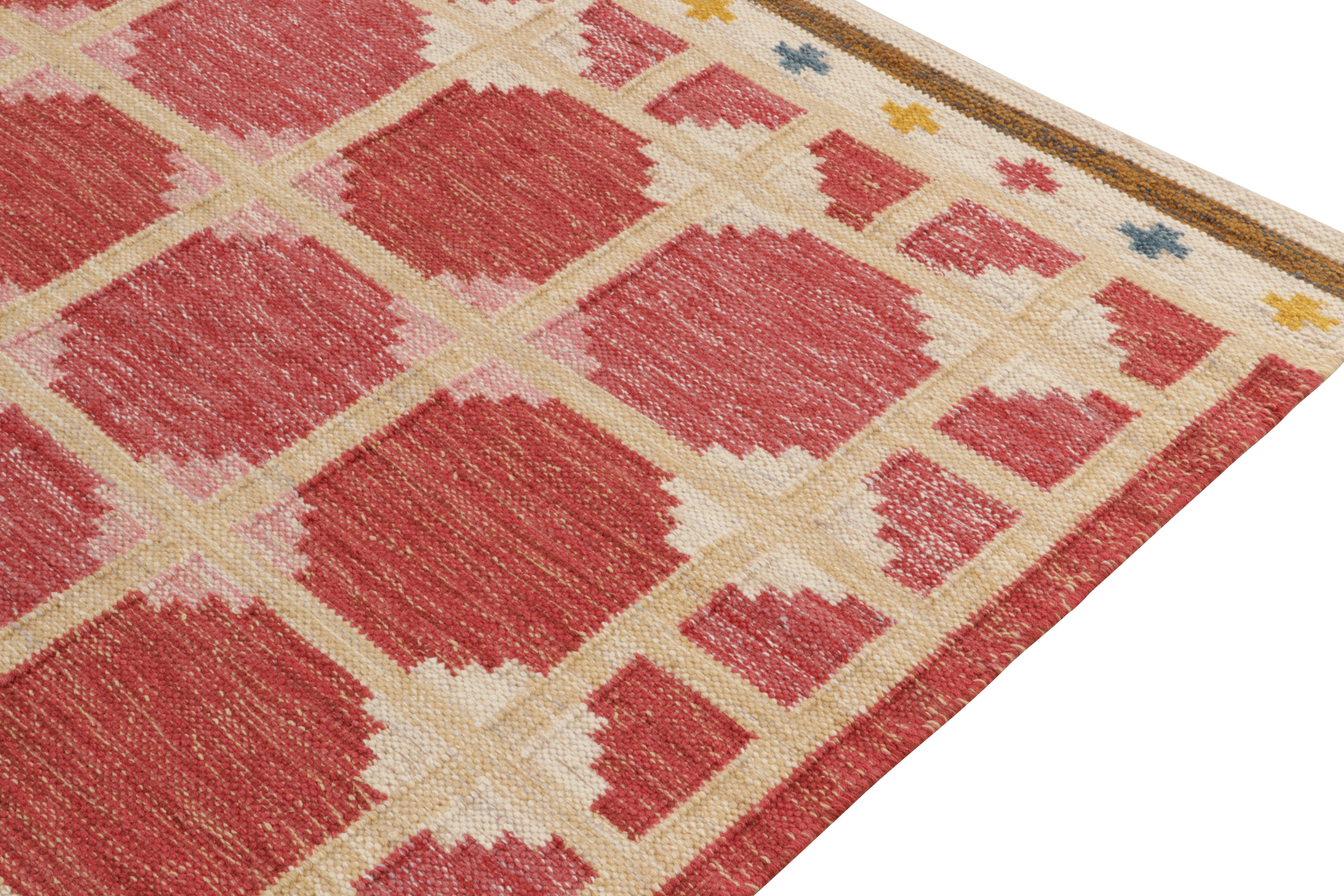 Hand-Knotted Rug & Kilim's Scandinavian Style Kilim Rug in Red, Pink, Geometric Pattern For Sale