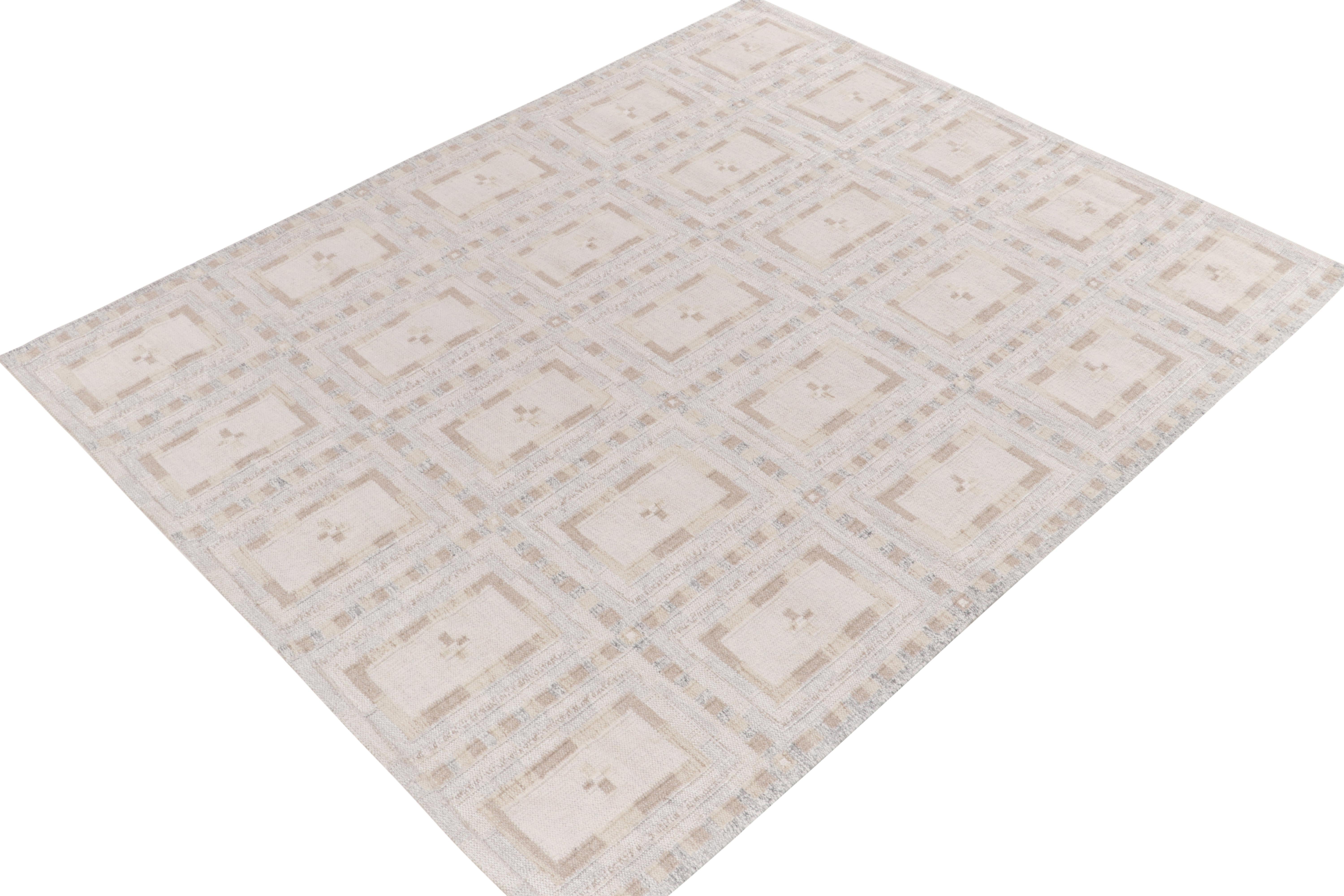 A 6x9 Swedish style kilim rug from our award-winning Scandinavian flat weave selections. The piece showcases a sophisticated play of beige & brown with gray blue for an intricate, yet cool accent to the white hues. Connoisseurs may note this