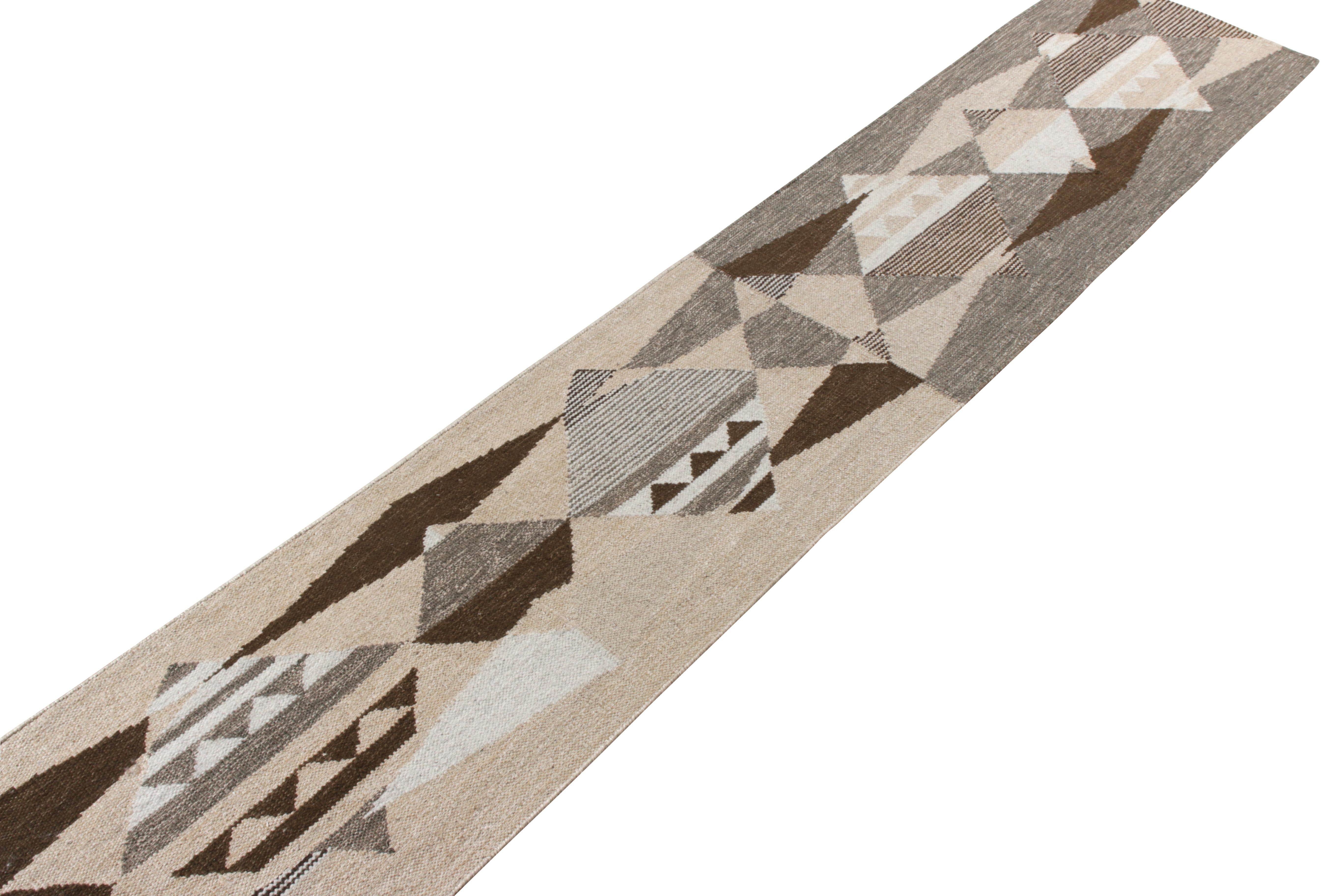 Mid-Century Modern Rug & Kilim's Scandinavian Style Kilim Runner Beige-Brown Gray Geometric Pattern For Sale