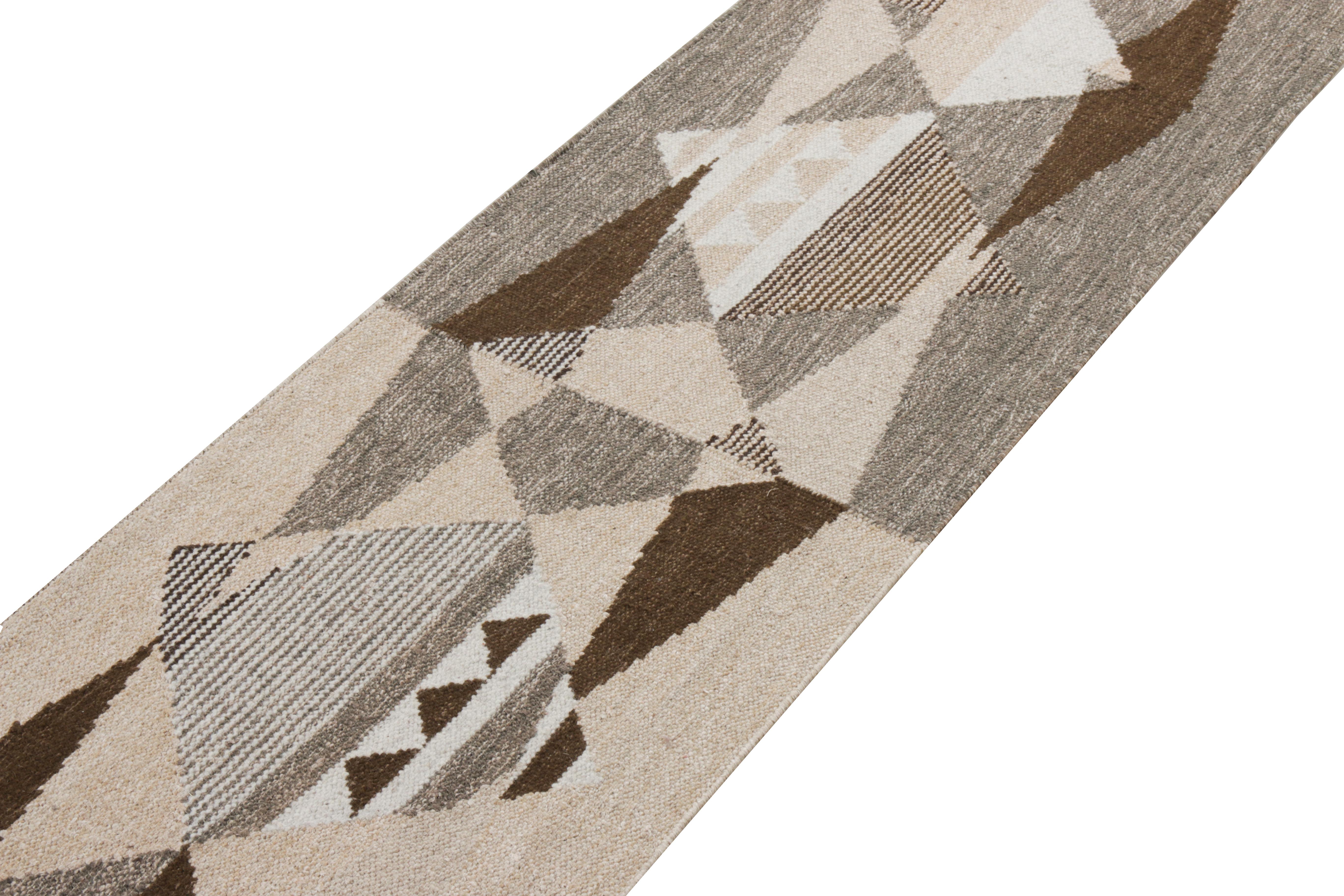 Indian Rug & Kilim's Scandinavian Style Kilim Runner Beige-Brown Gray Geometric Pattern For Sale