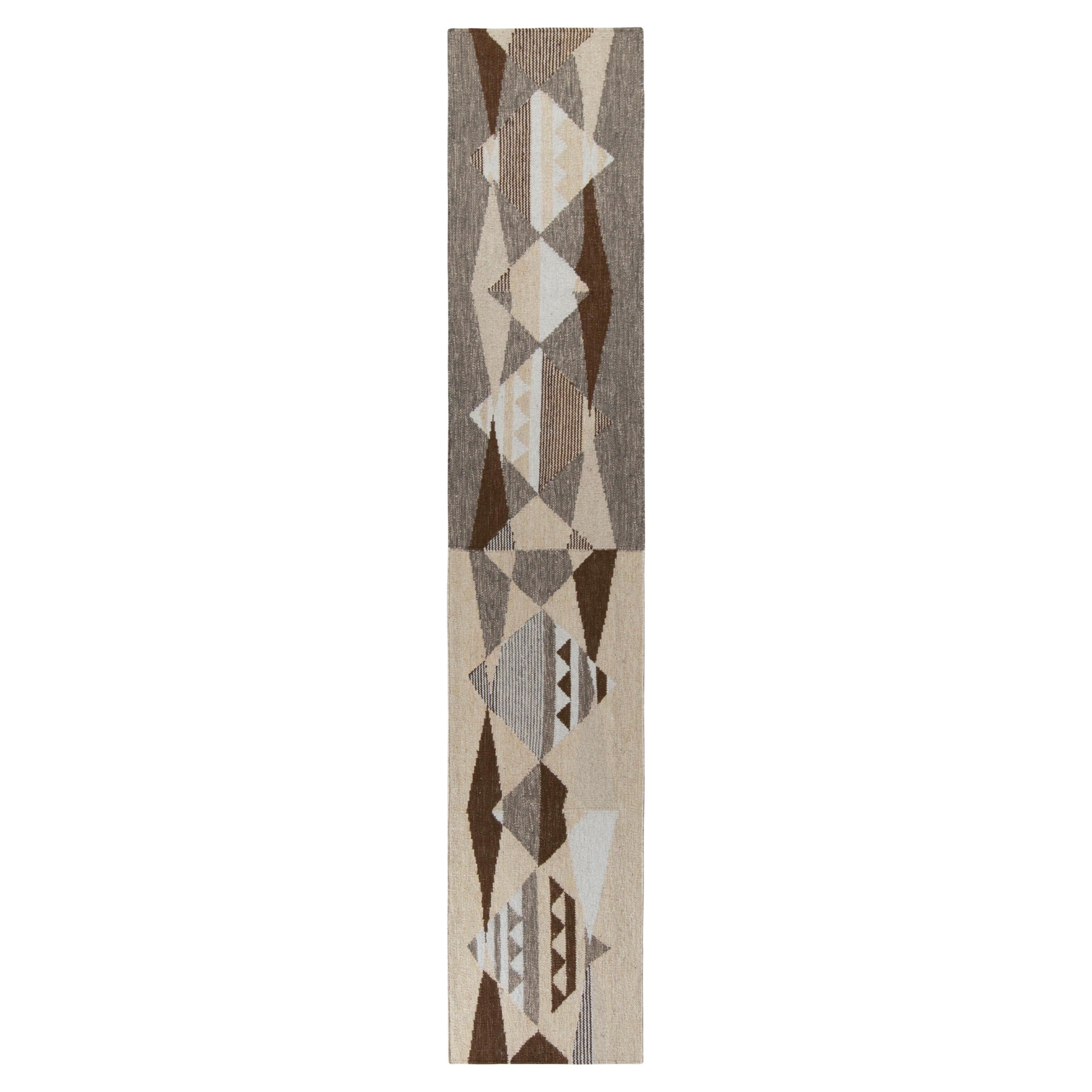 Rug & Kilim's Scandinavian Style Kilim Runner Beige-Brown Gray Geometric Pattern For Sale