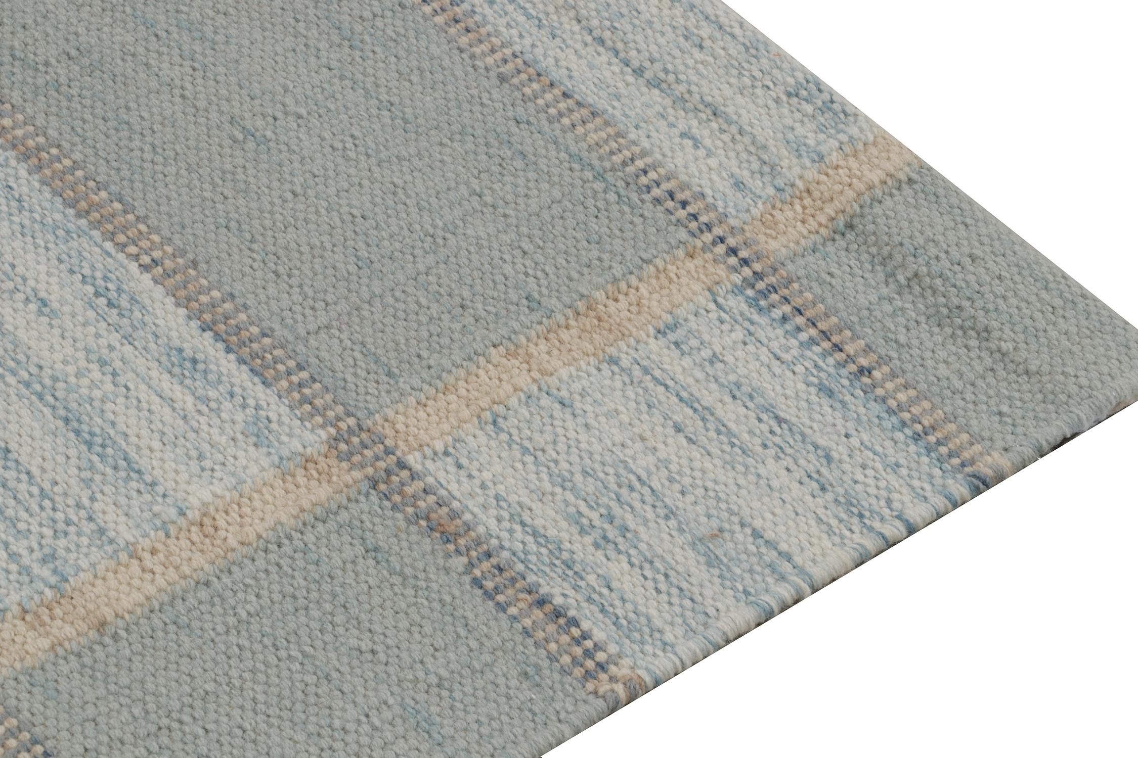 Hand-Knotted Scandinavian Style Kilim Runner in Blue & White Geometric Pattern by Rug & Kilim