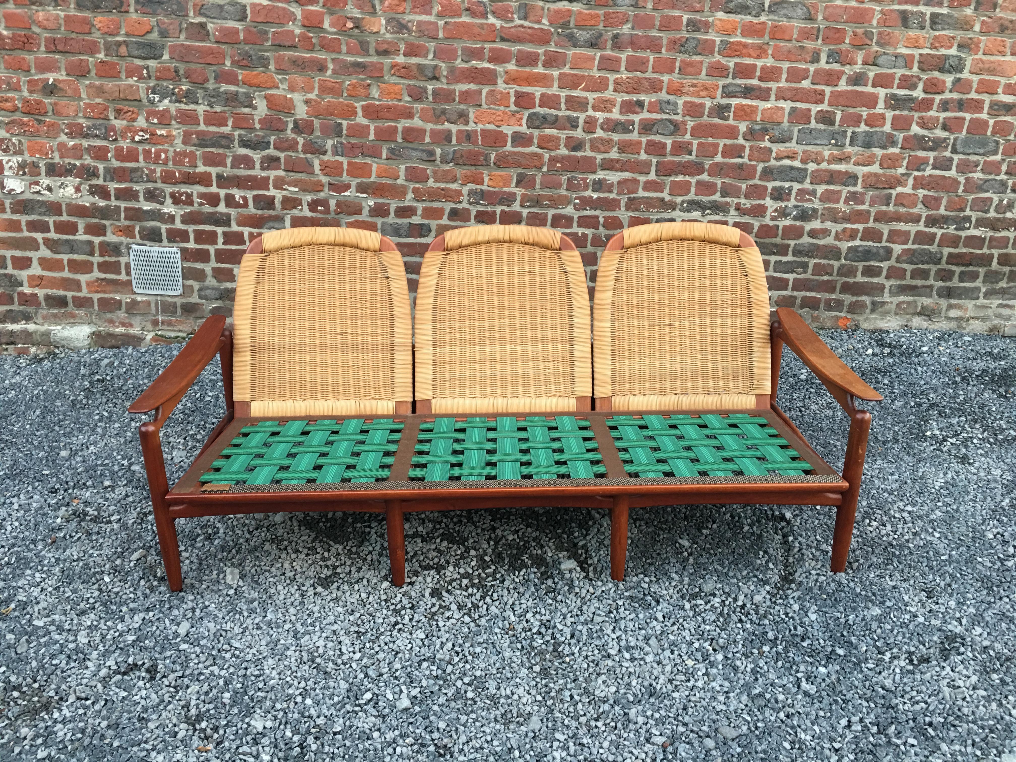 Scandinavian Style Living Room in Teak and Rattan, circa 1960-1970 For Sale 5