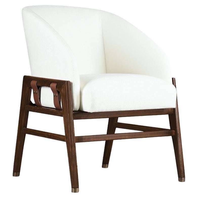 Scandinavian style Lubek Arm Chair with wood, brass, upholstery & leather straps