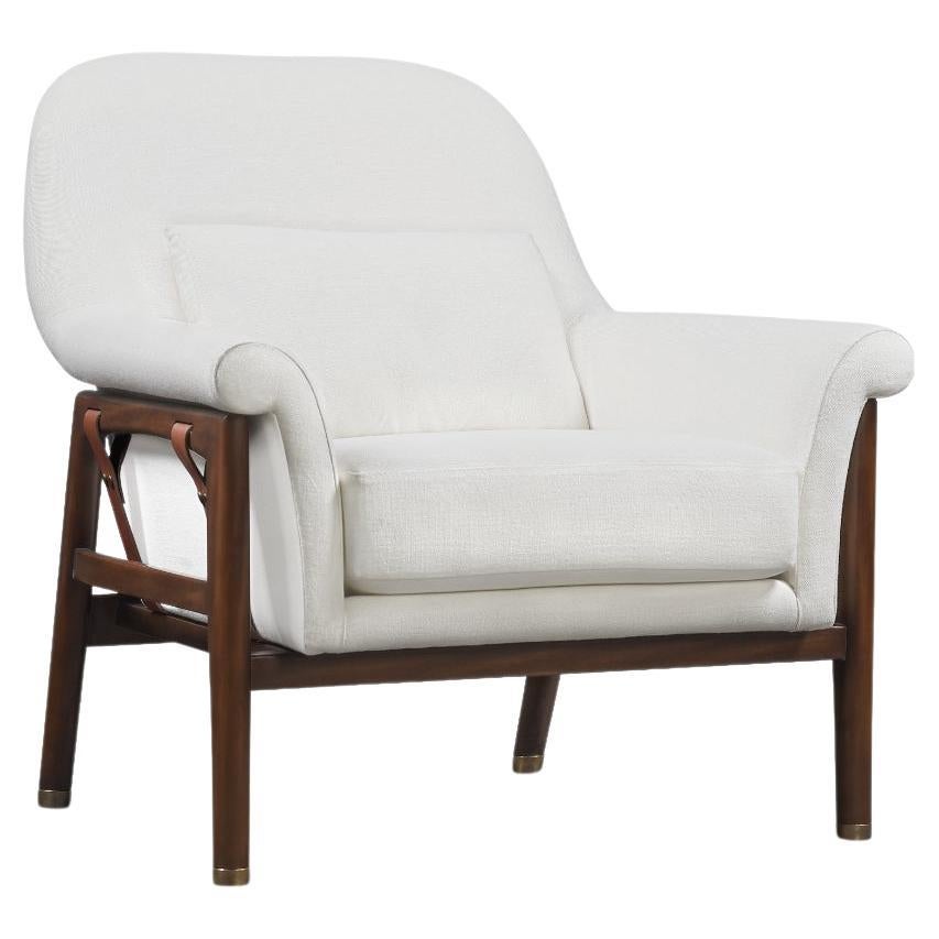 Scandinavian Style Lubek Chair with Wood, Brass, Upholstery & Leather Straps