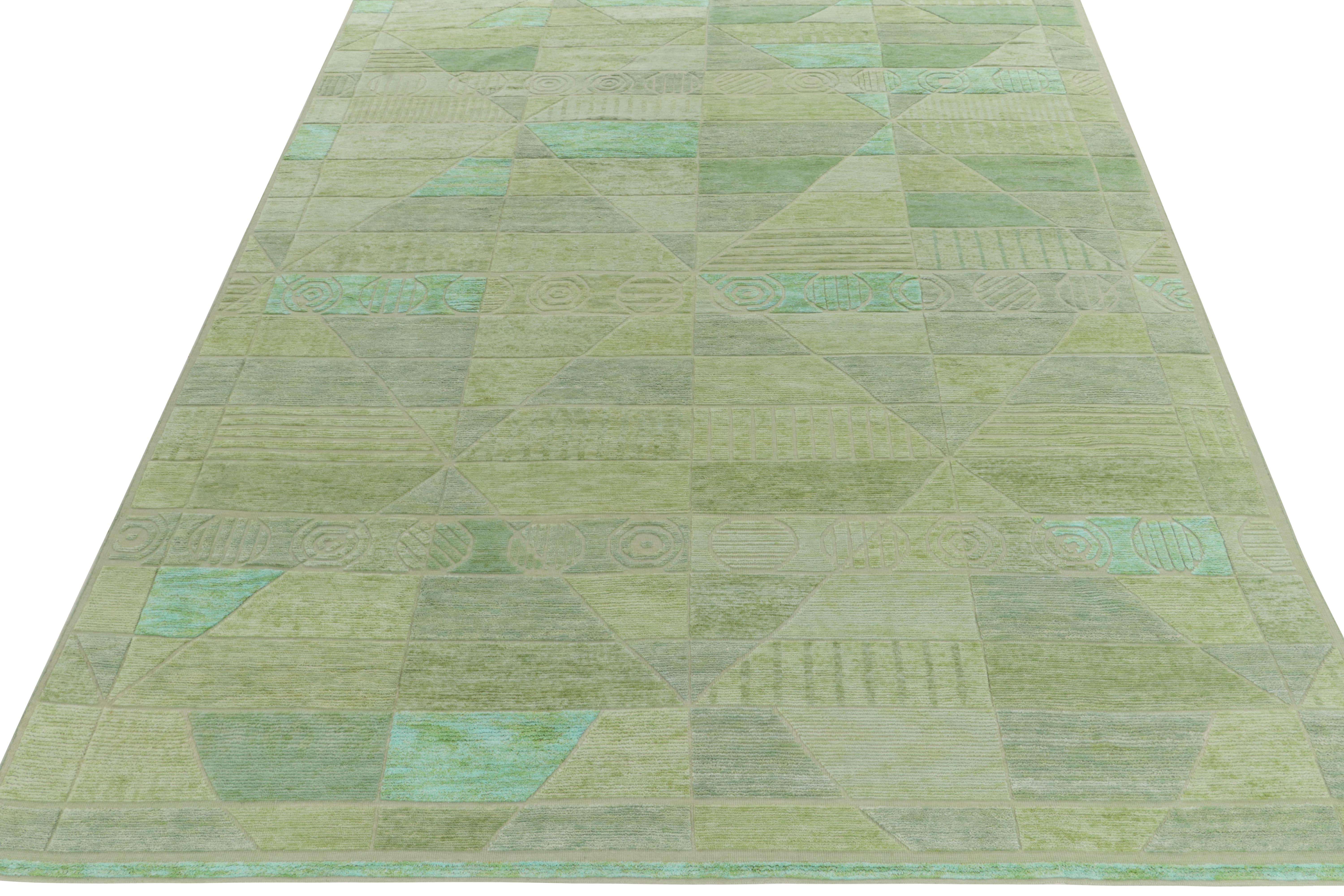 A 9x12 pile rug from our award-winning Scandinavian Collection, relishing a fine weave in best quality wool & hemp. The high-low texture brings out the geometry in invigorating tones of lime green, aqua green and light olive playing so graphically