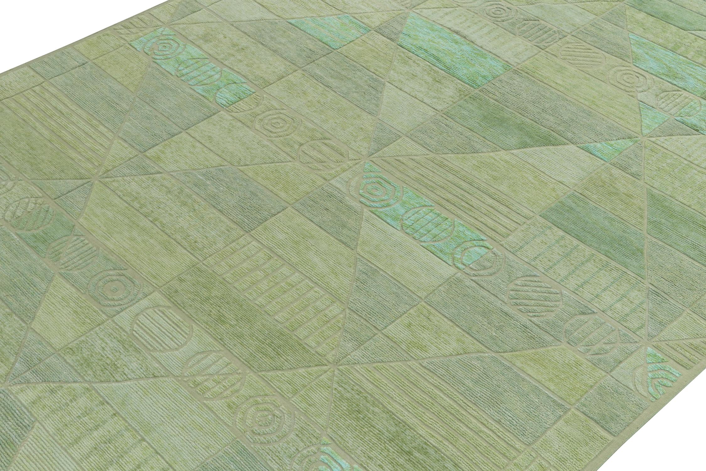 Indian Rug & Kilim's Scandinavian Style Modern Rug in Green High-Low Geometric Pattern For Sale