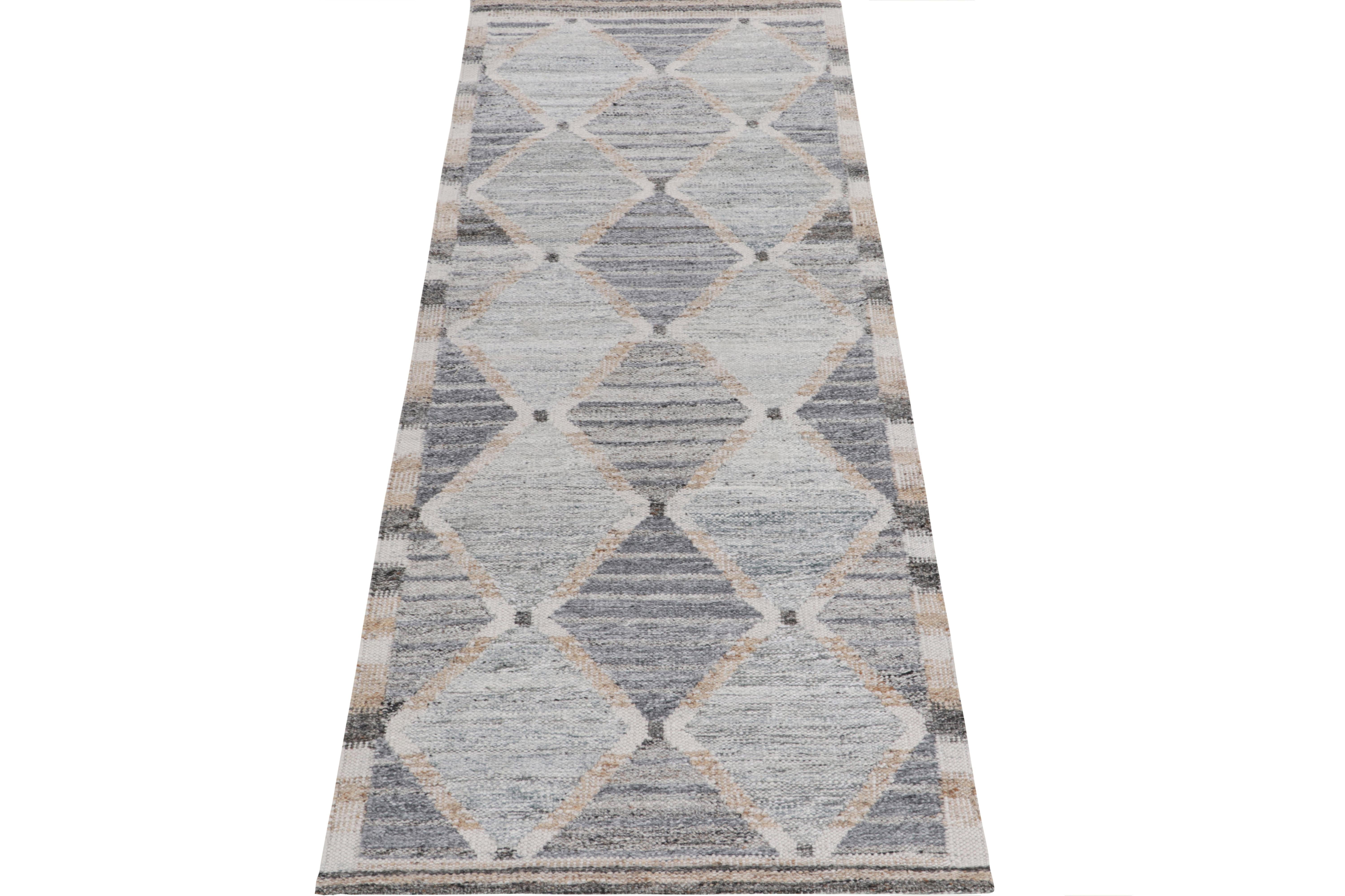A 3x8 flat weave from Rug & Kilim’s Scandinavian Collection, joining the exciting indoor-outdoor texture of this award-winning construction. The runner carries a cool composure with soothing tones of blue and gray covering the scale with a clean &
