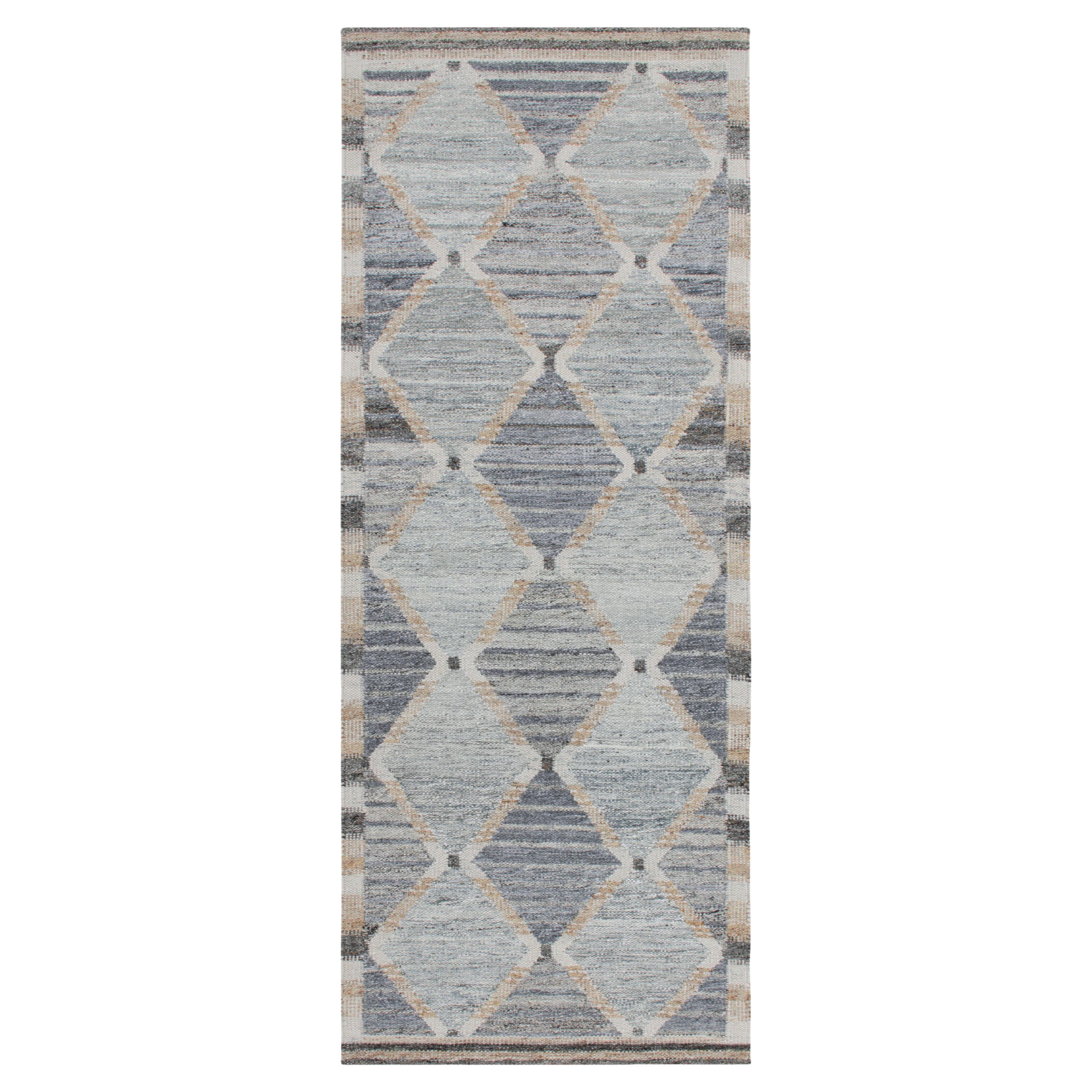 Rug & Kilim's Scandinavian Style Outdoor Kilim, Gray & Blue Geometric Runner For Sale