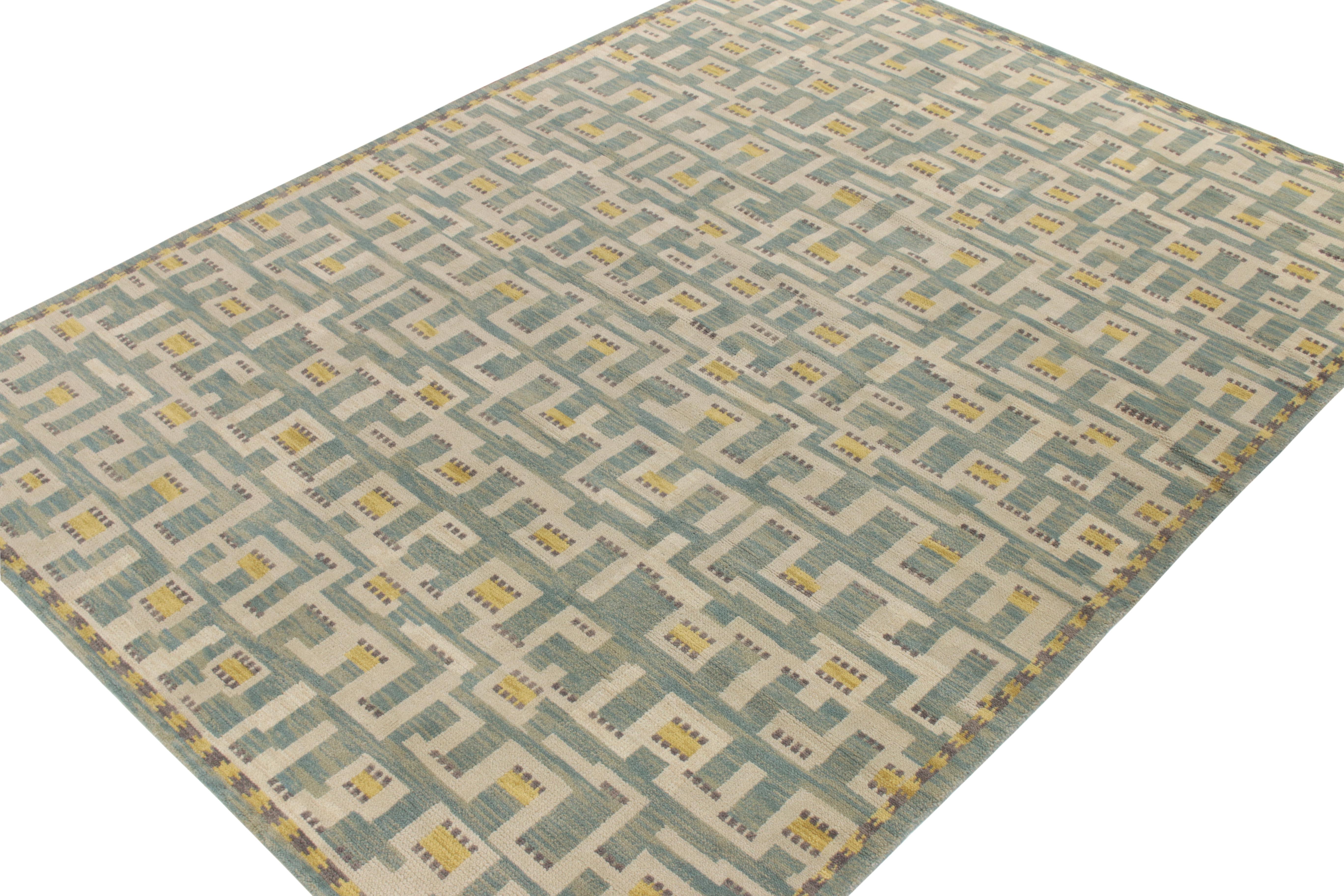 Mid-Century Modern Scandinavian Style Pile Rug in Blue and Yellow Pattern by Rug & Kilim For Sale
