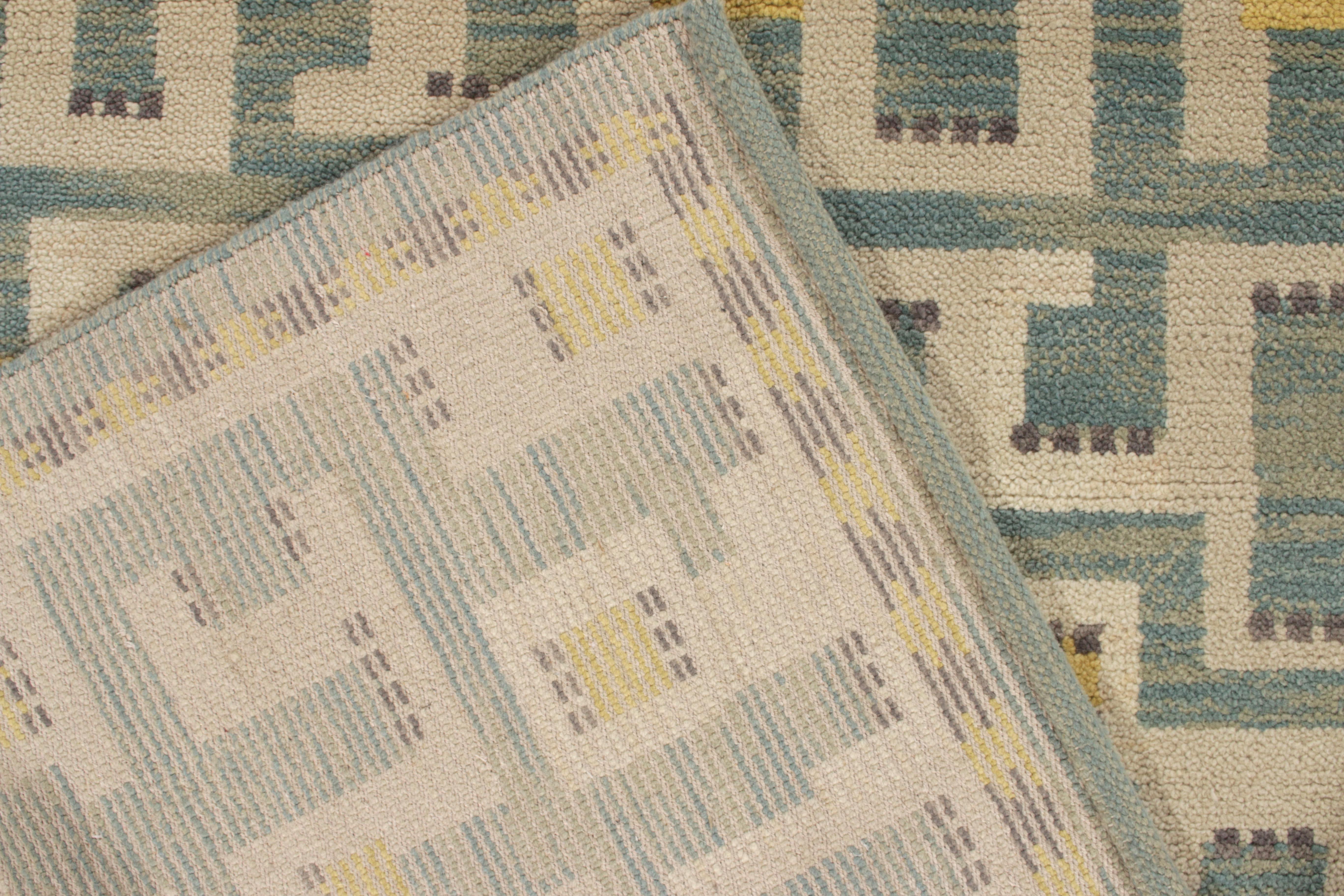 Hand-Knotted Scandinavian Style Pile Rug in Blue and Yellow Pattern by Rug & Kilim For Sale