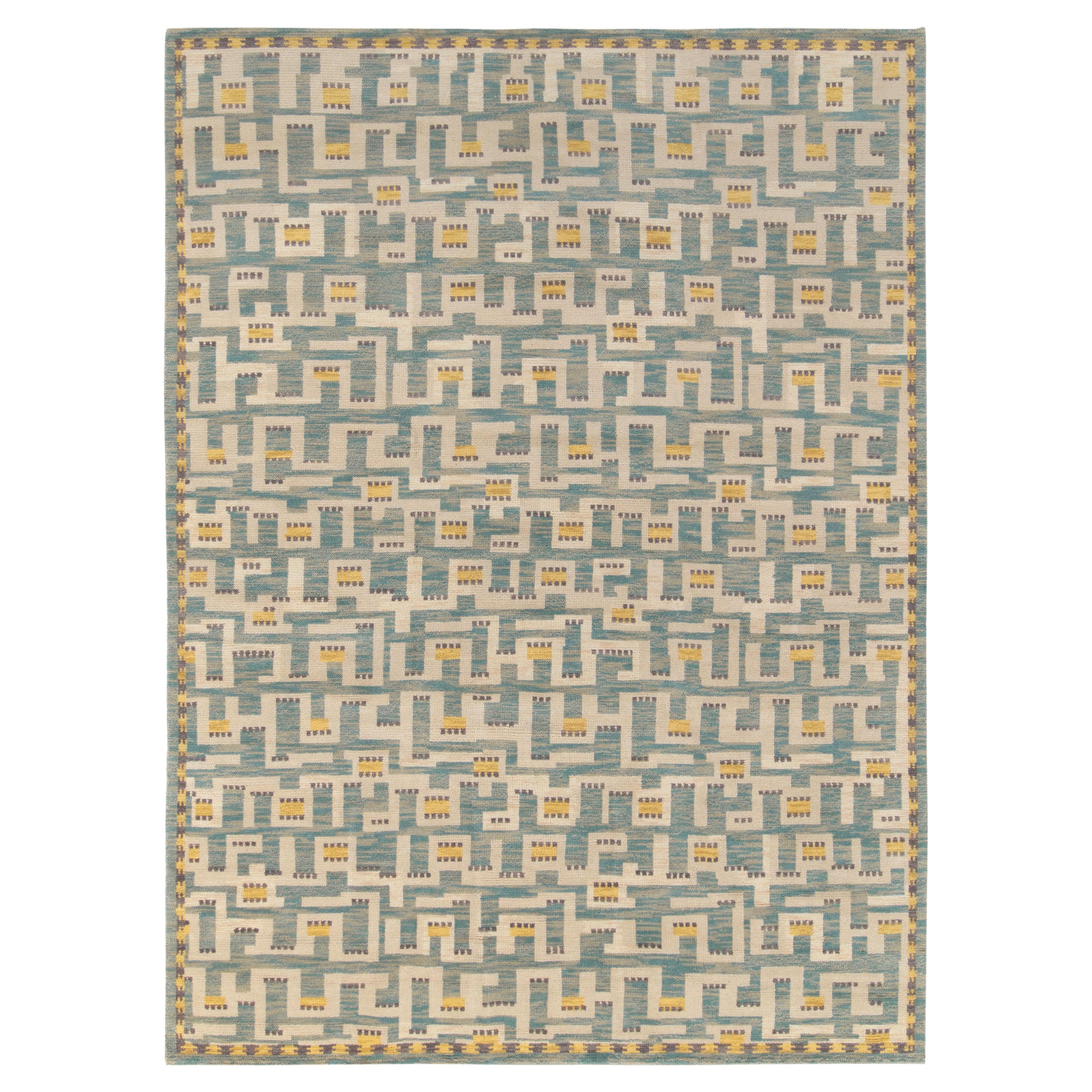 Scandinavian Style Pile Rug in Blue and Yellow Pattern by Rug & Kilim For Sale