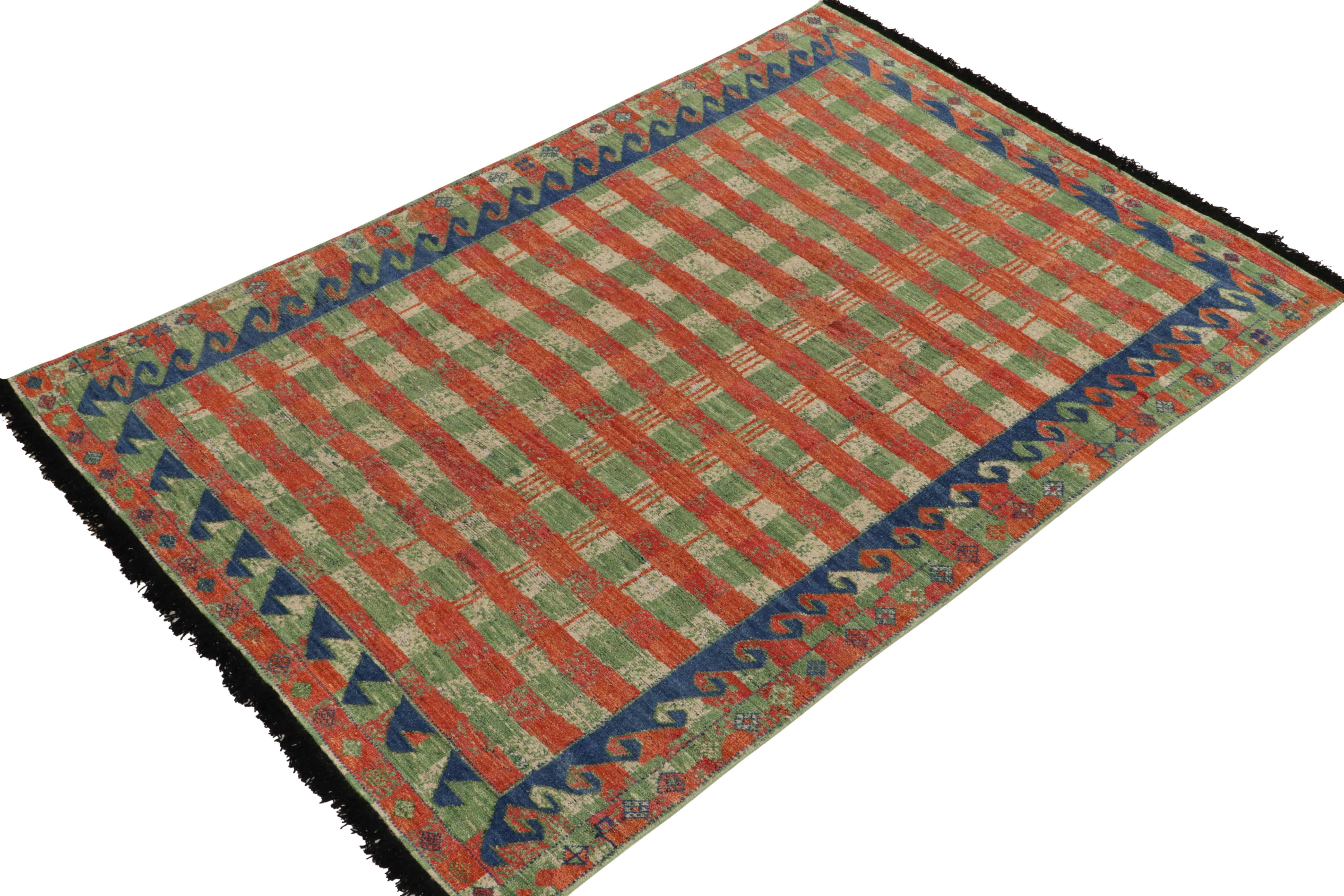 Mid-Century Modern Rug & Kilim's Scandinavian Style Pile Rug in Green, Red Geometric Pattern For Sale