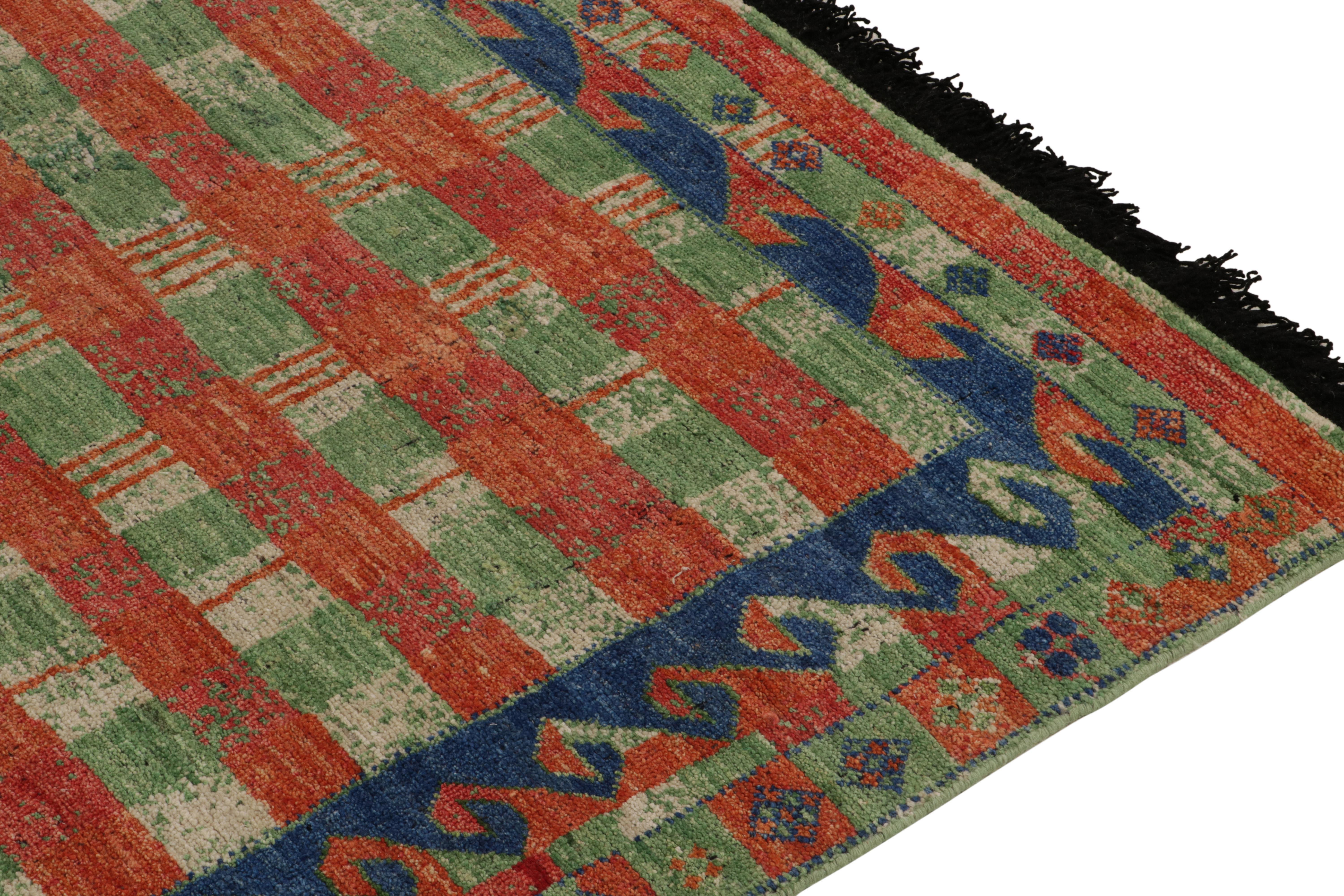 Hand-Knotted Rug & Kilim's Scandinavian Style Pile Rug in Green, Red Geometric Pattern For Sale
