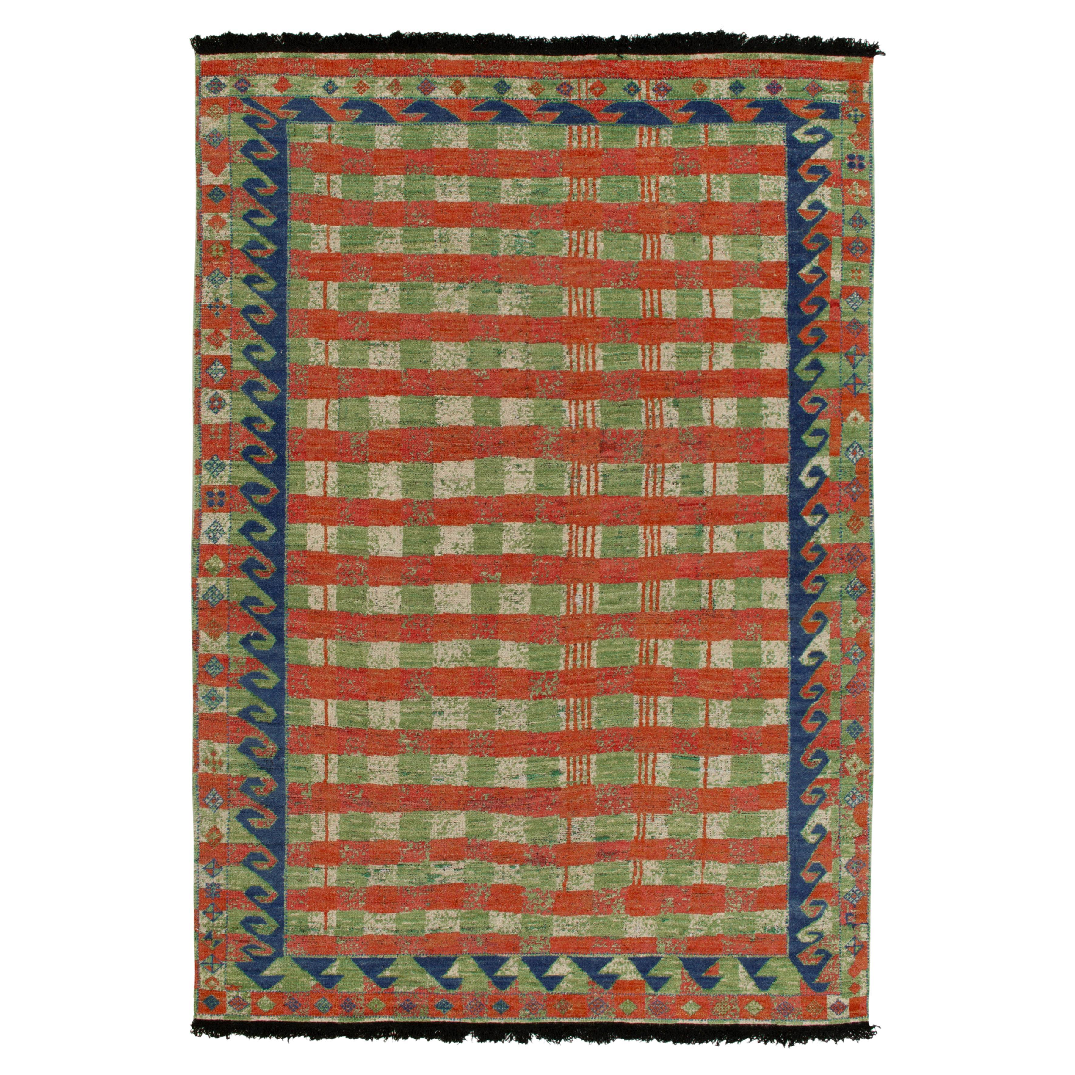 Rug & Kilim's Scandinavian Style Pile Rug in Green, Red Geometric Pattern For Sale