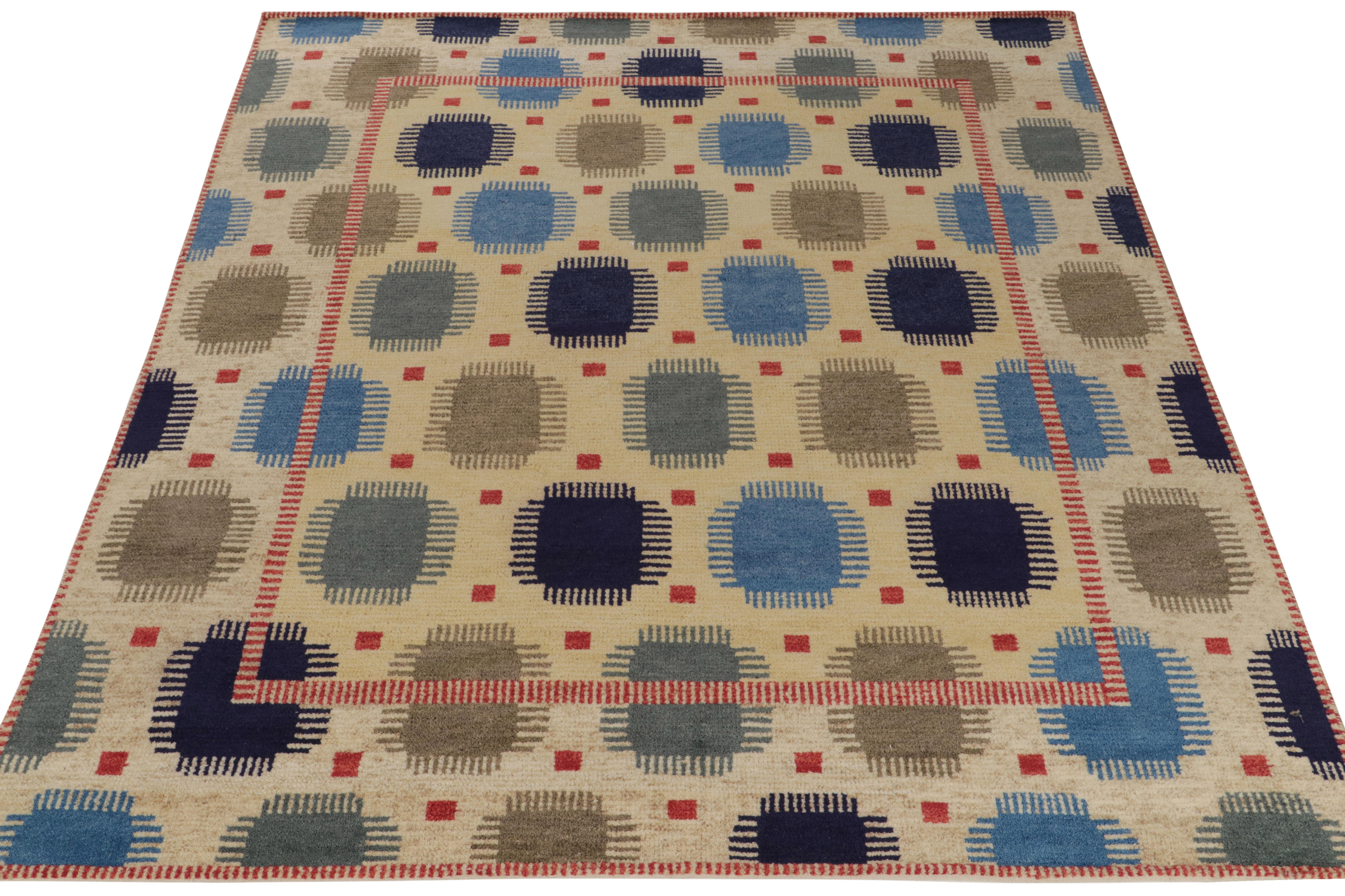 An 8x9 handwoven imagination from Rug & Kilim’s award winning Scandinavian selections exemplifying mid century aesthetics. The Swedish style rug flourishes in a repetitive geometric pattern relishing earthy tones of beige, brown & blue deliciously