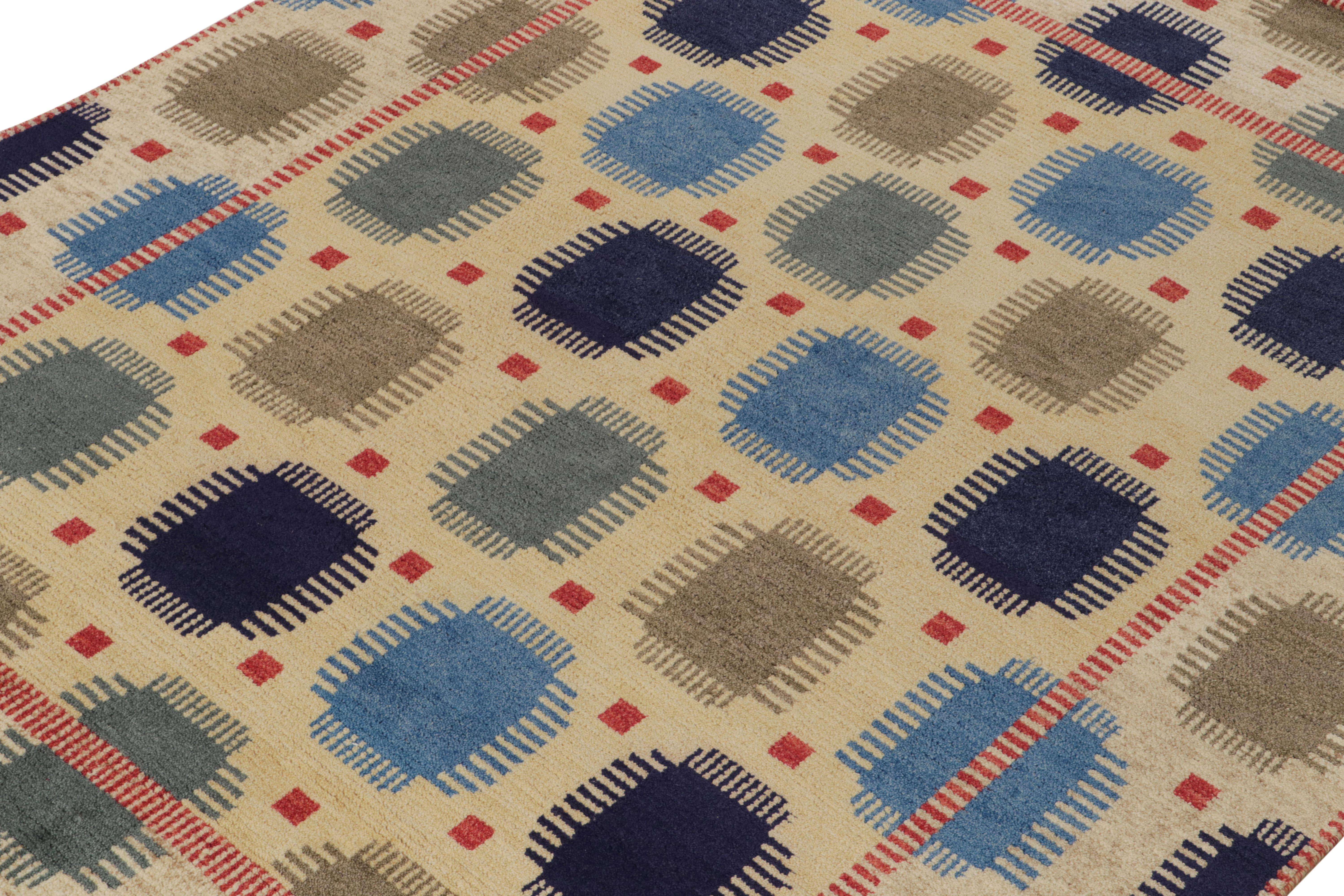 Indian Rug & Kilim's Scandinavian Style Rug in Beige-Brown, Blue Geometric Pattern For Sale