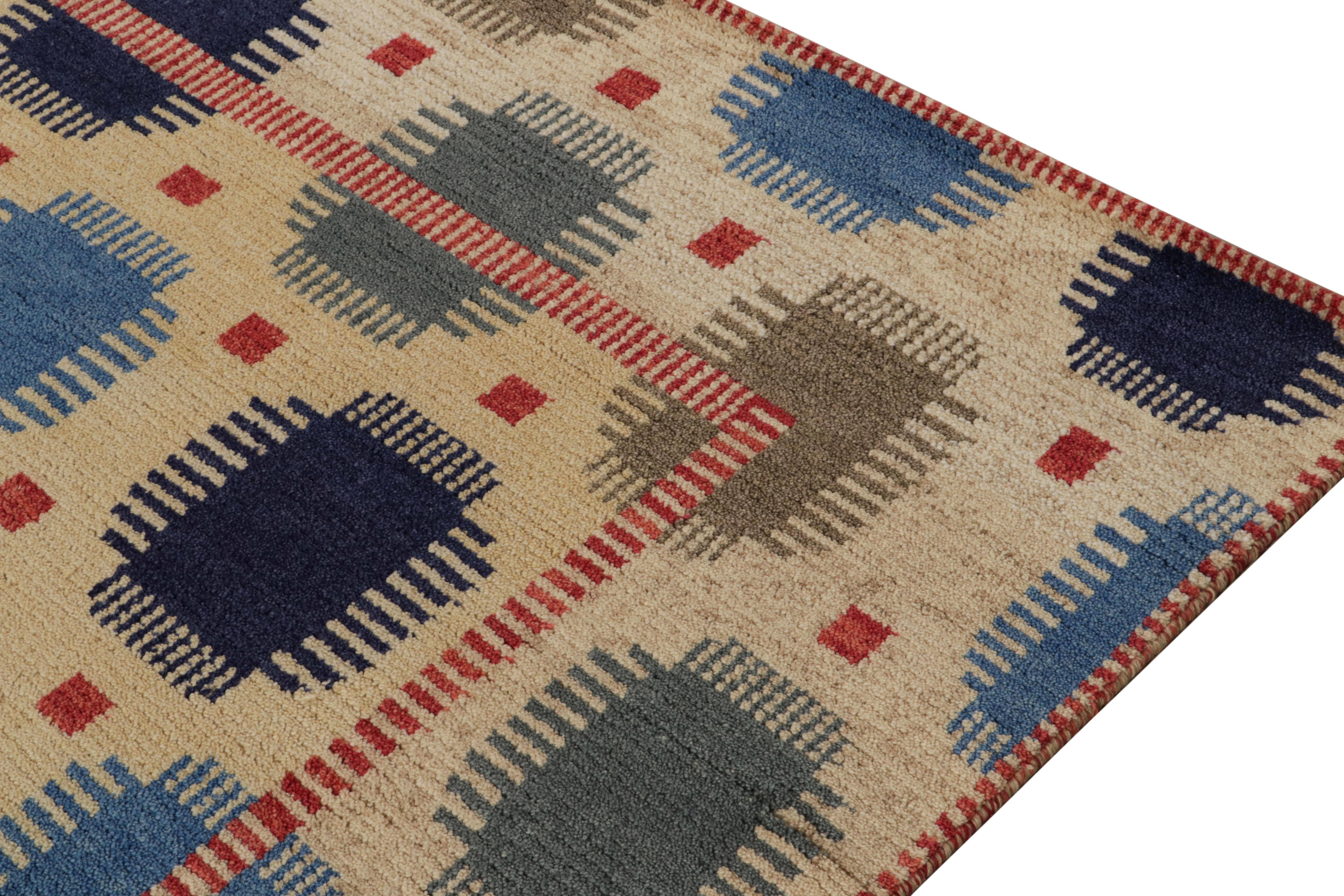 Hand-Knotted Rug & Kilim's Scandinavian Style Rug in Beige-Brown, Blue Geometric Pattern For Sale