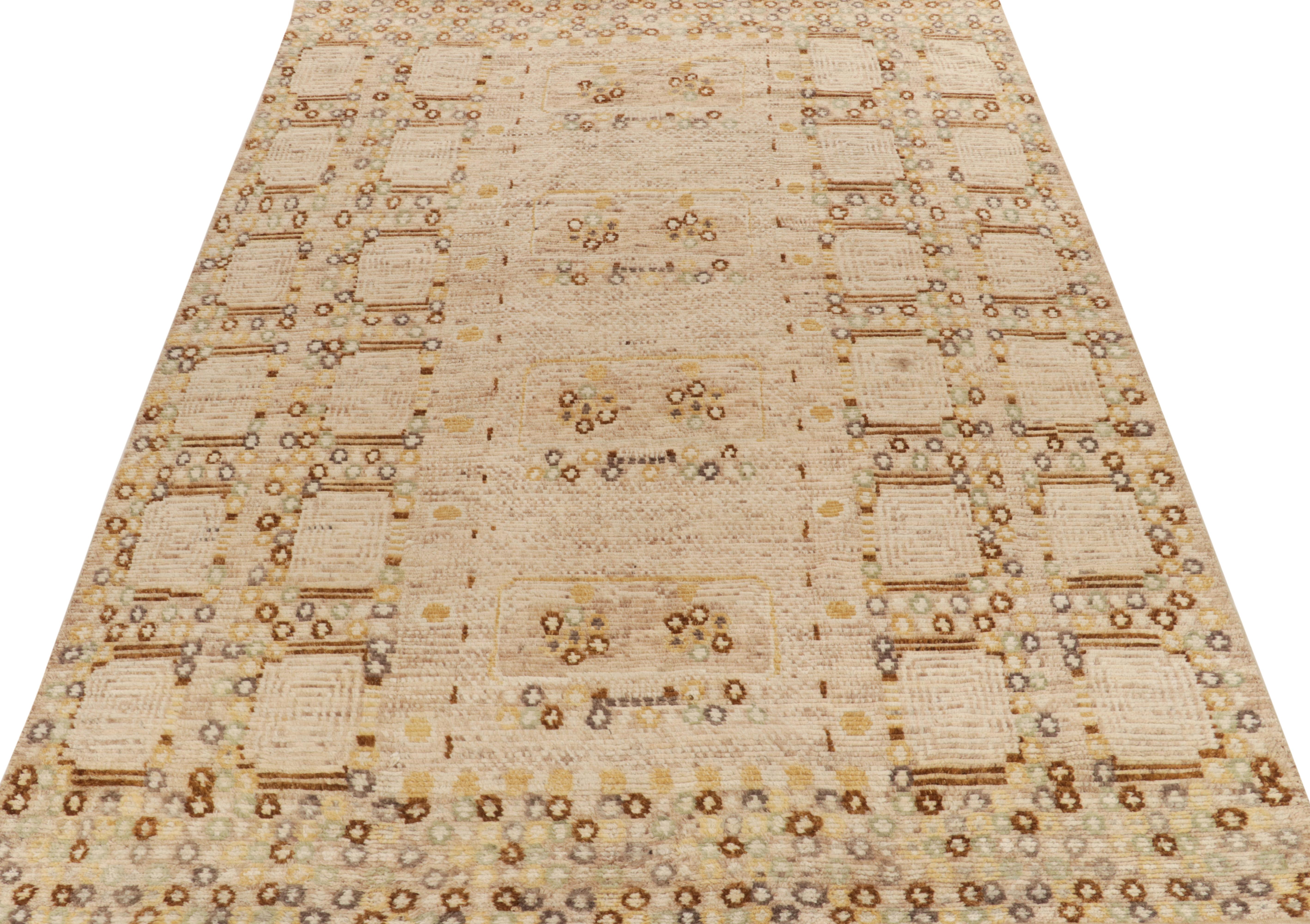Hand-knotted in wool, an elegant Scandinavian piece conceptualizing a brilliant take on mid-century modern geometry. Exemplified in this 9x12 area rug, this design exemplifies high-low texturability that perfectly integrates with the uniform