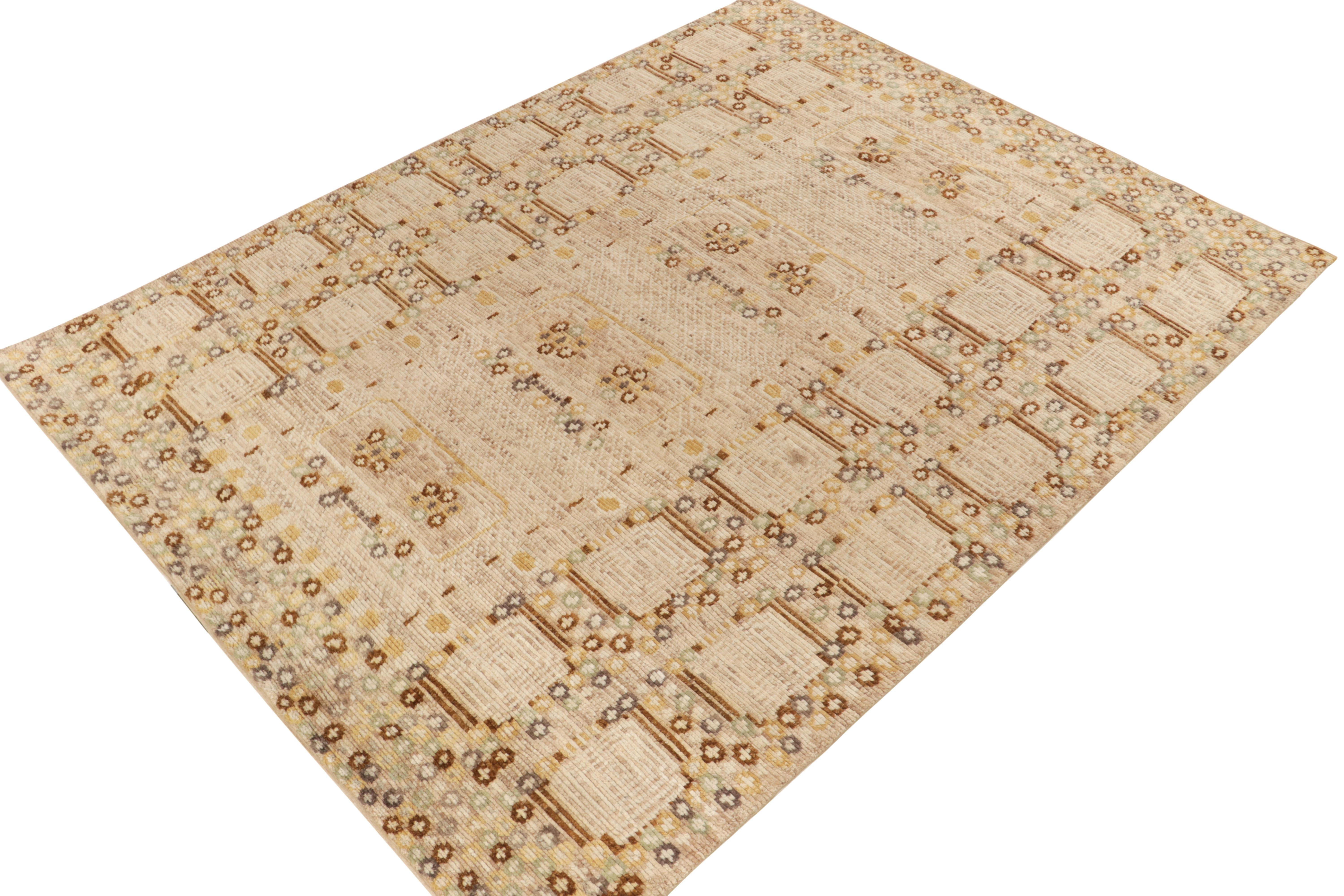 Scandinavian Modern Rug & Kilim's Scandinavian Style Rug in Beige-Brown, Gold Geometric Pattern For Sale