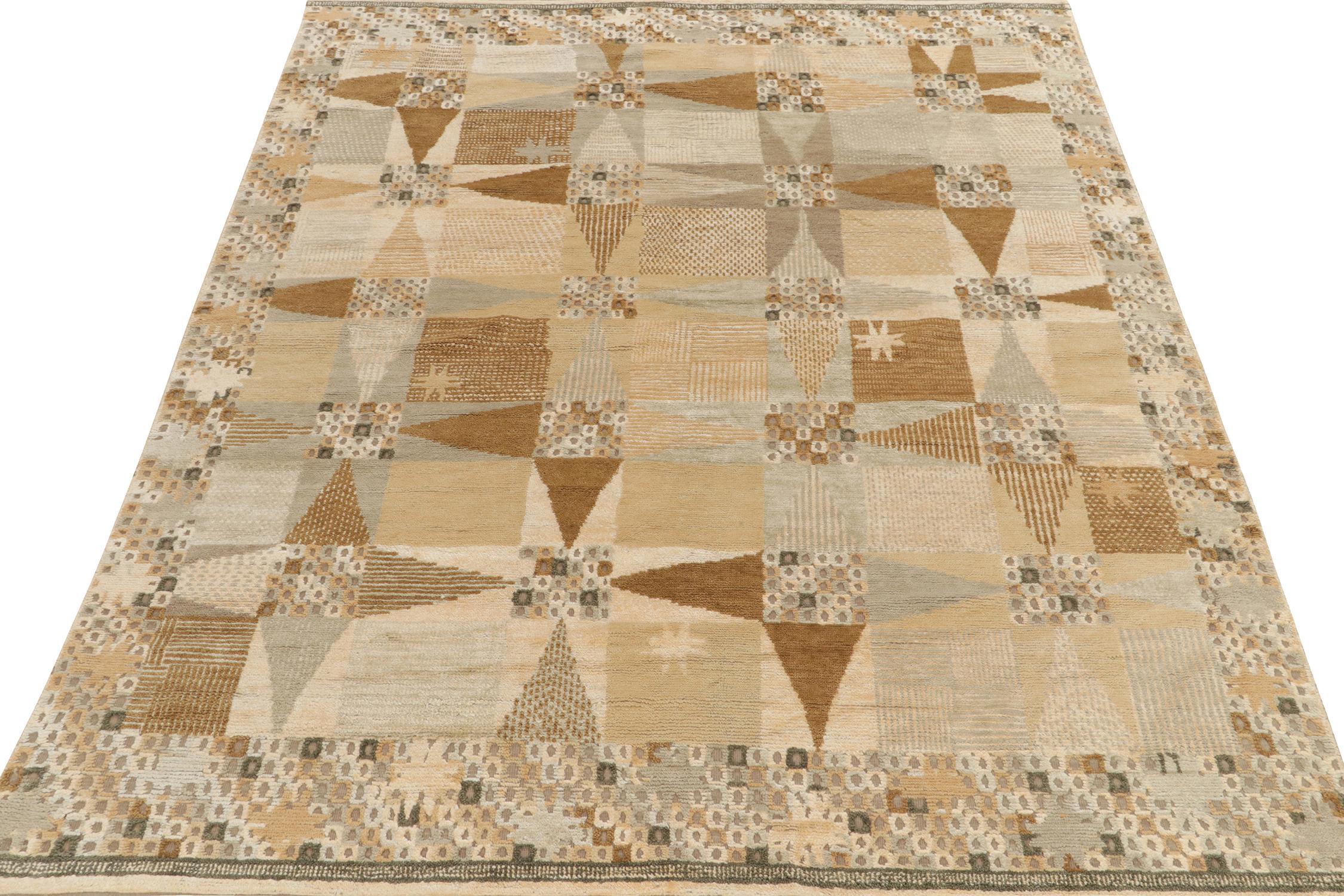 Hand-knotted in wool, an elegant Scandinavian piece conceptualizing a brilliant contemporary take on vintage geometry. Exemplified in this 8x10 edition, this area rug design exemplifies high-low texture accenting the uniform geometric