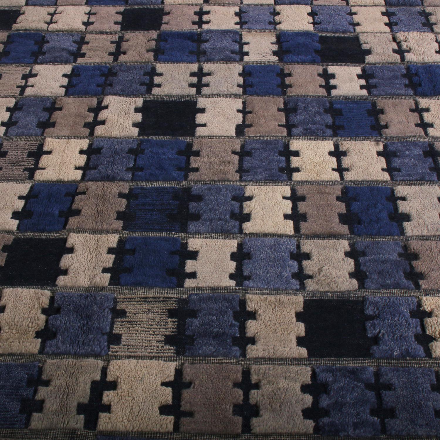 Hand-Knotted Rug & Kilim's Scandinavian Style Rug in Gray, Blue, Black Geometric Pattern For Sale