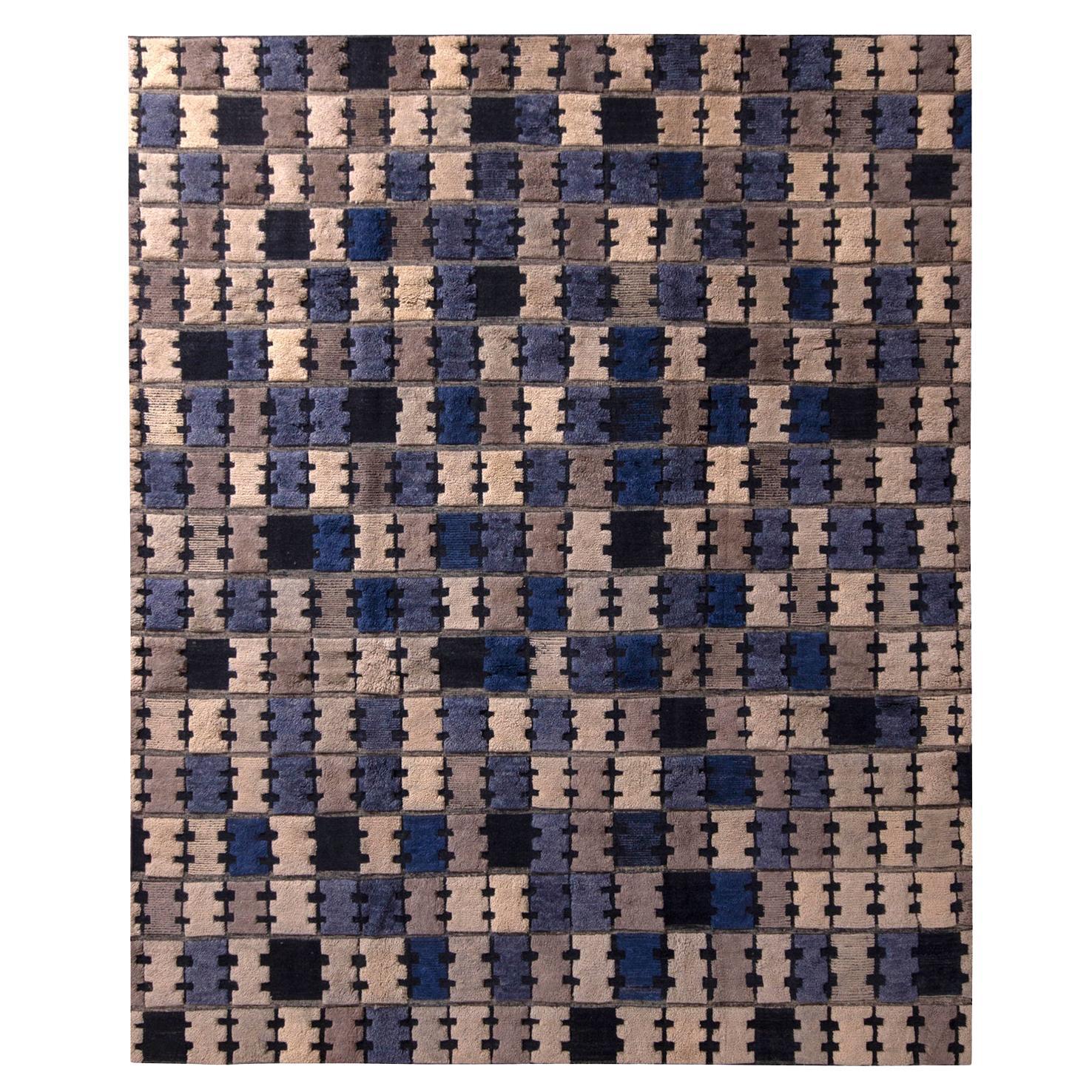 Rug & Kilim's Scandinavian Style Rug in Gray, Blue, Black Geometric Pattern