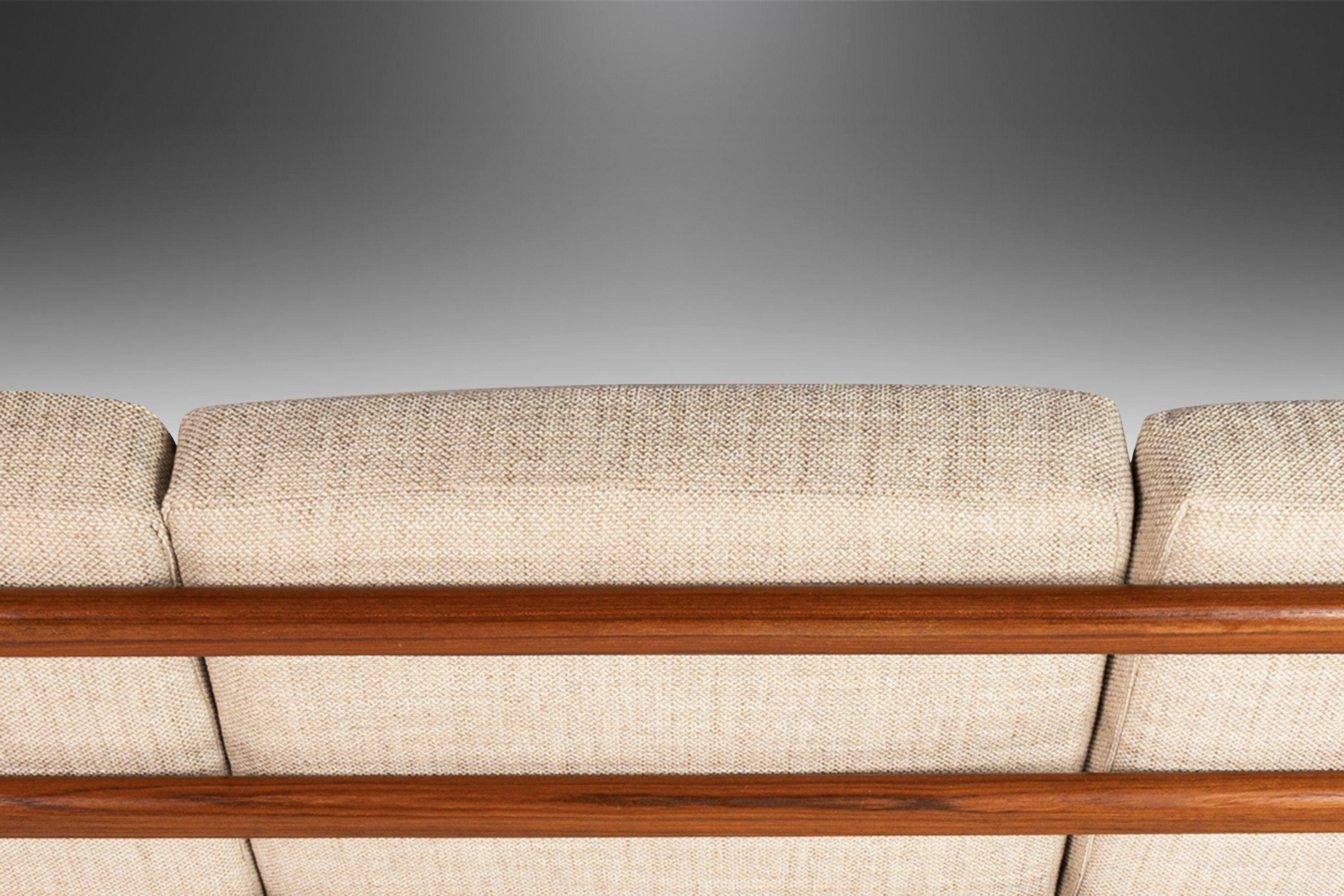 Scandinavian Teak Three-Seat Sofa Newly Upholstered in Oatmeal Fabric, c. 1980s 4