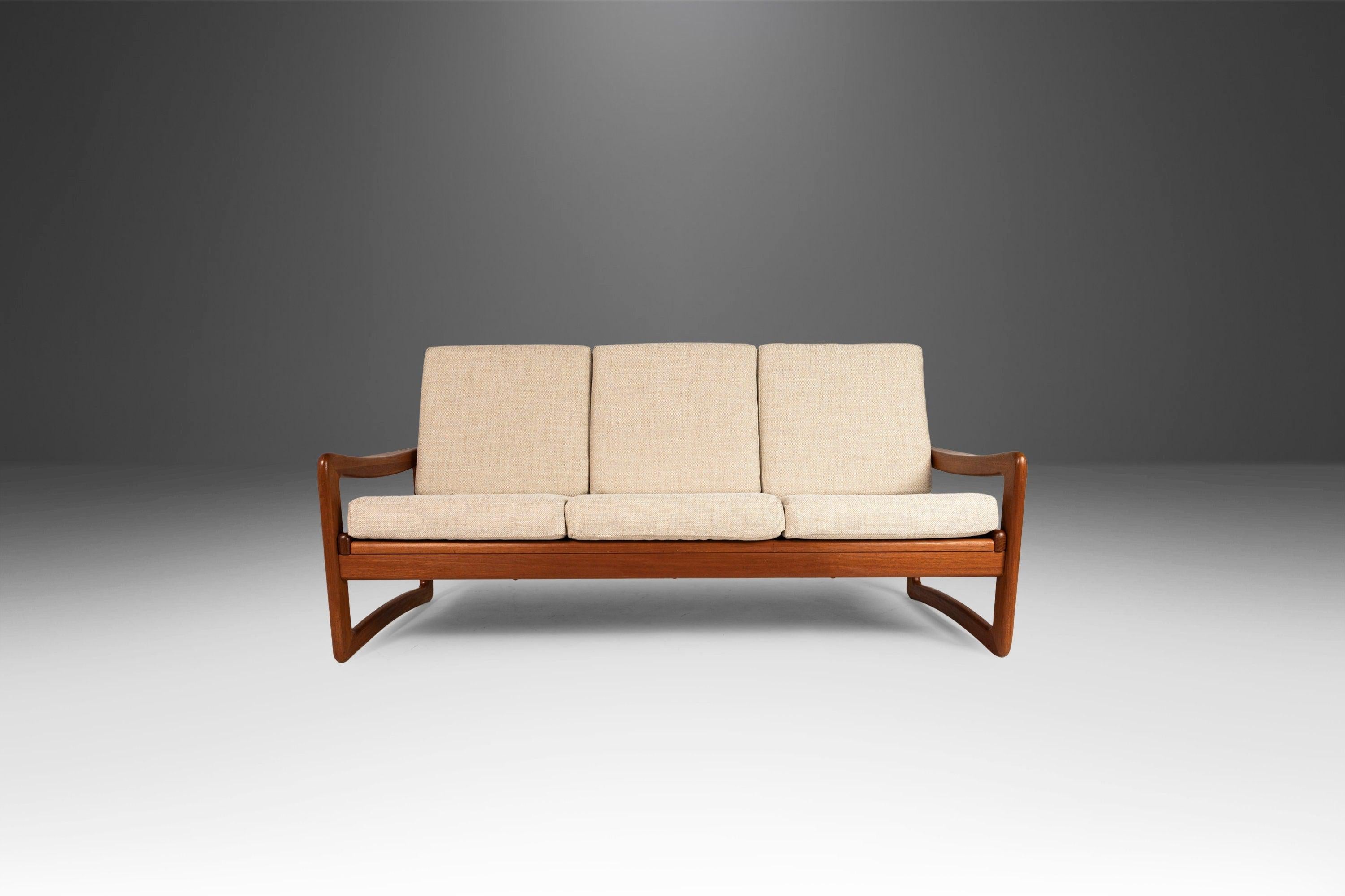 Mid-Century Modern Scandinavian Teak Three-Seat Sofa Newly Upholstered in Oatmeal Fabric, c. 1980s
