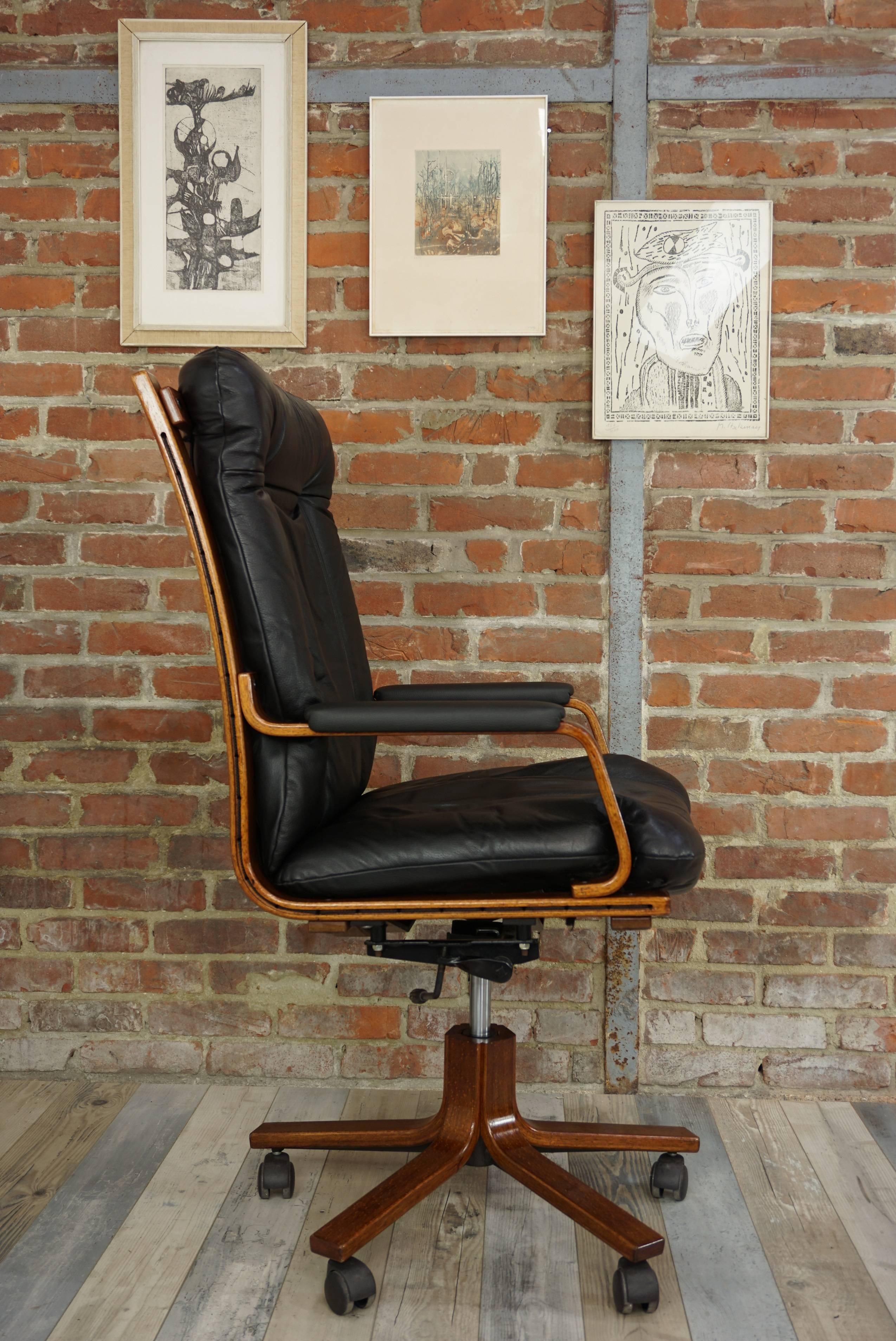 French Scandinavian Style Wooden and Black Leather Swivel Office Armchair