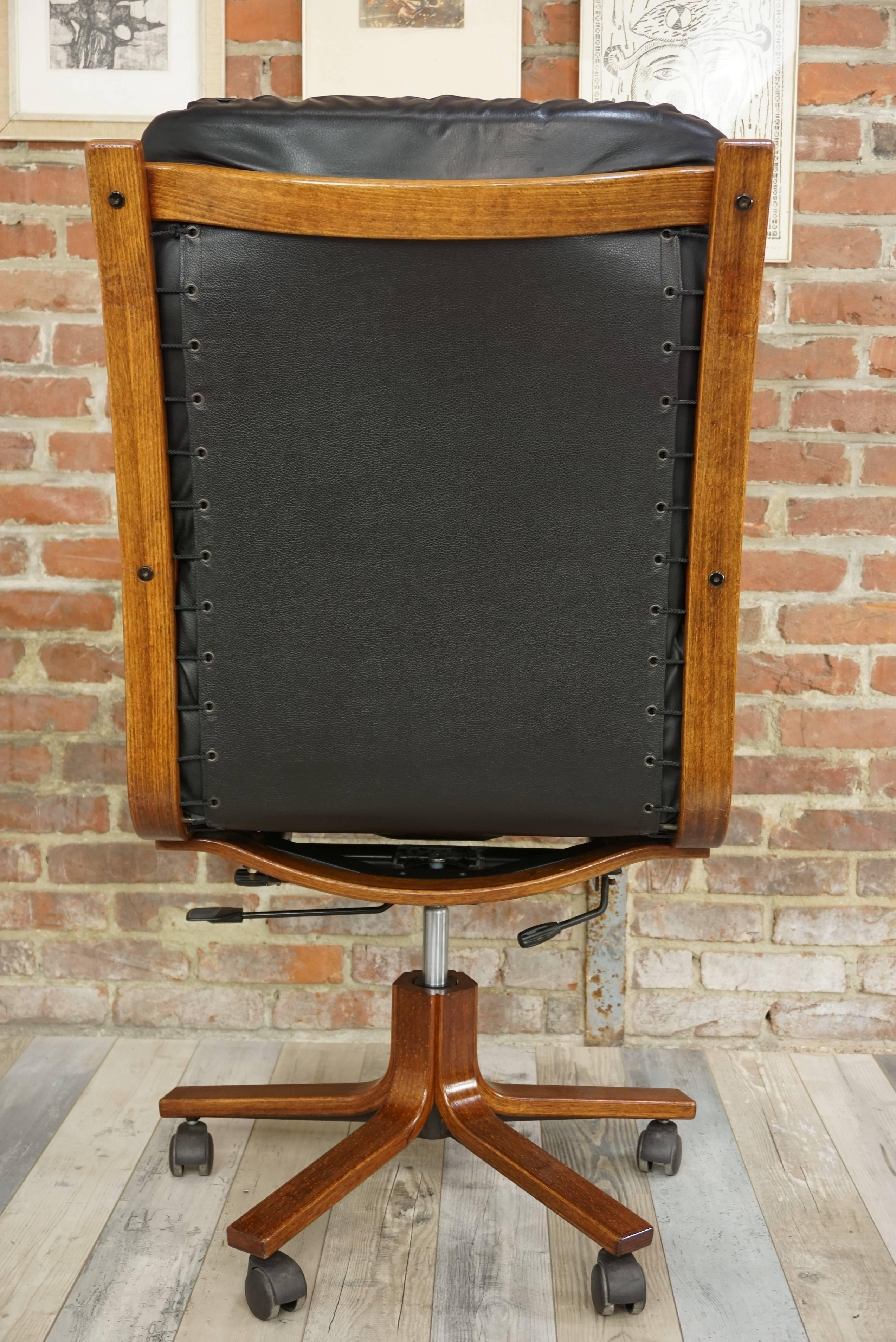 20th Century Scandinavian Style Wooden and Black Leather Swivel Office Armchair