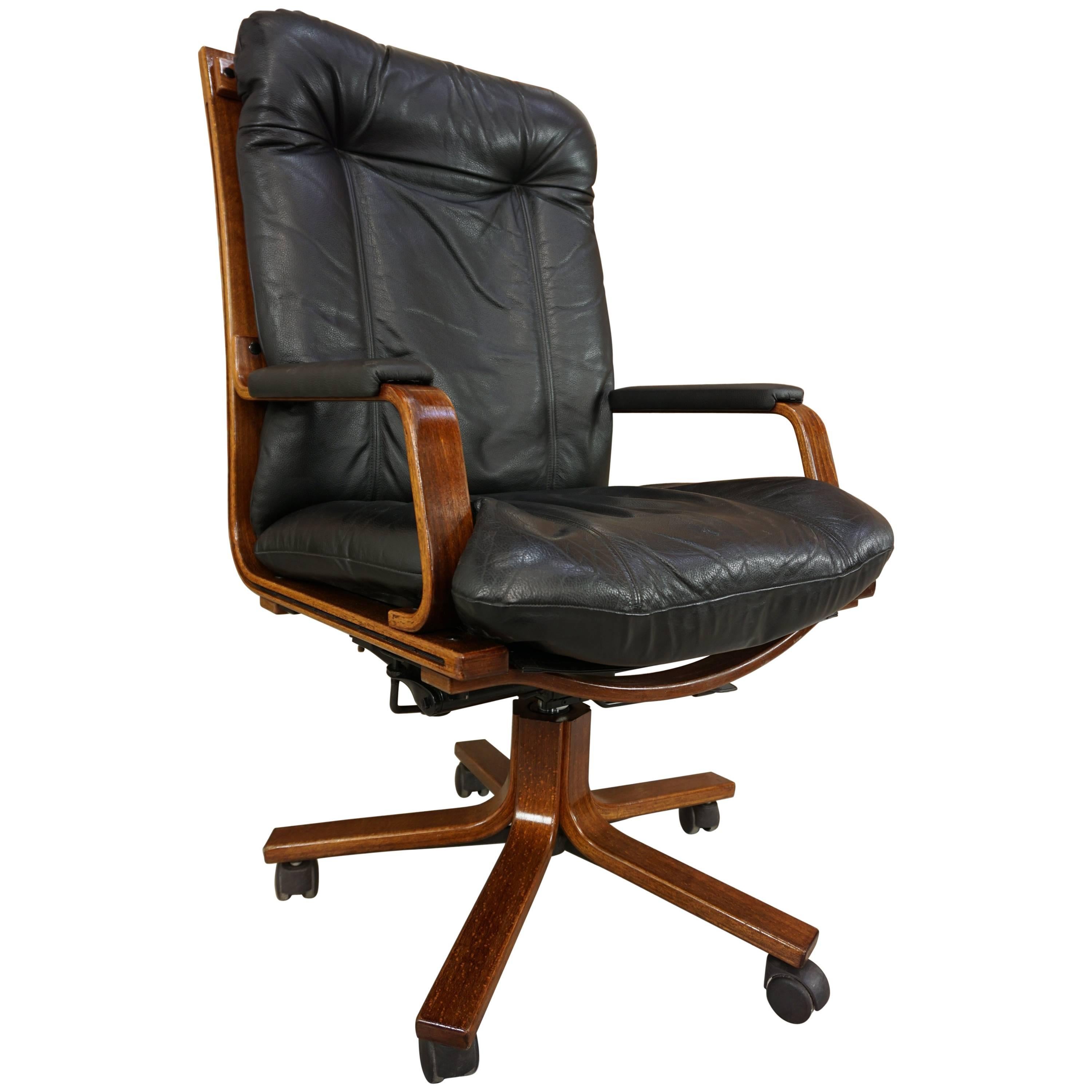 Scandinavian Style Wooden and Black Leather Swivel Office Armchair