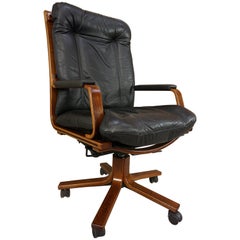 Vintage Scandinavian Style Wooden and Black Leather Swivel Office Armchair