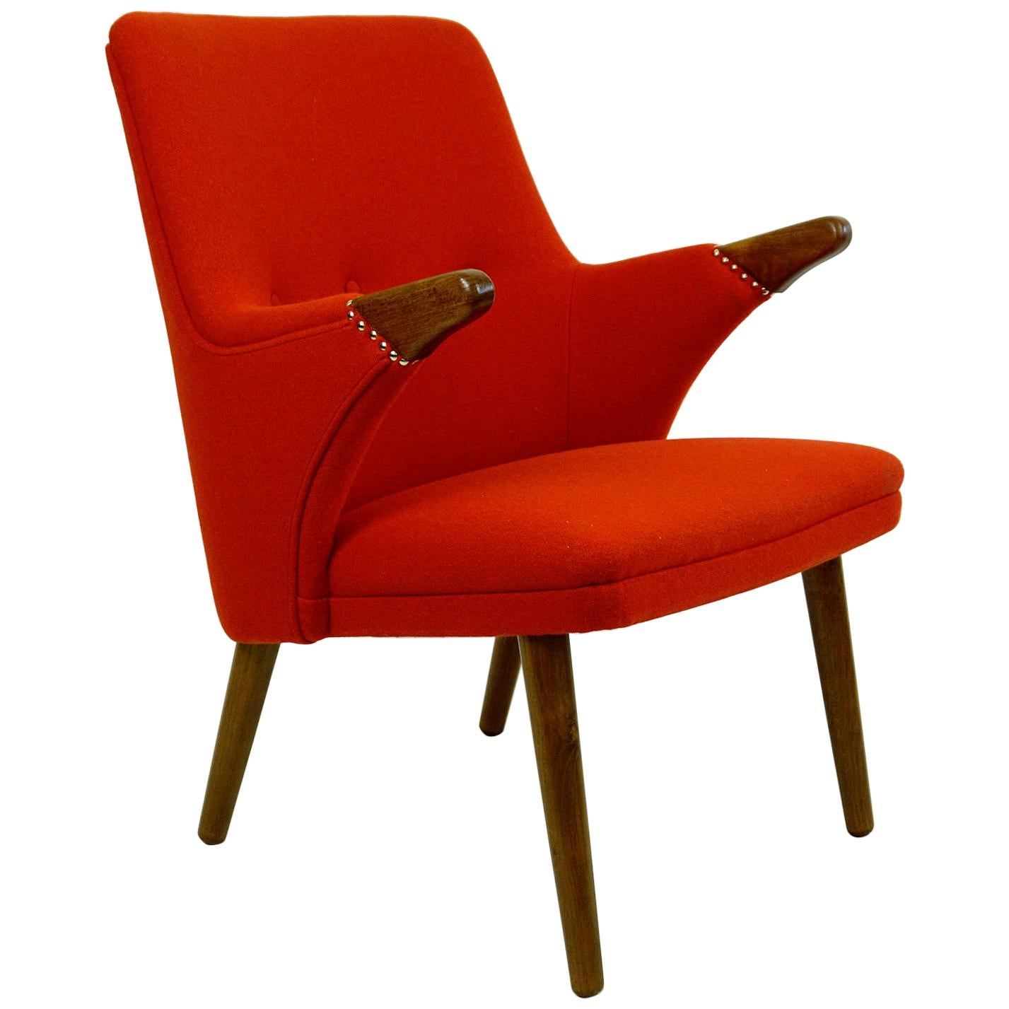 Fauteuil de salon scandinave Svend Skipper Mini Bear en teck avec nouveau tissu rouge