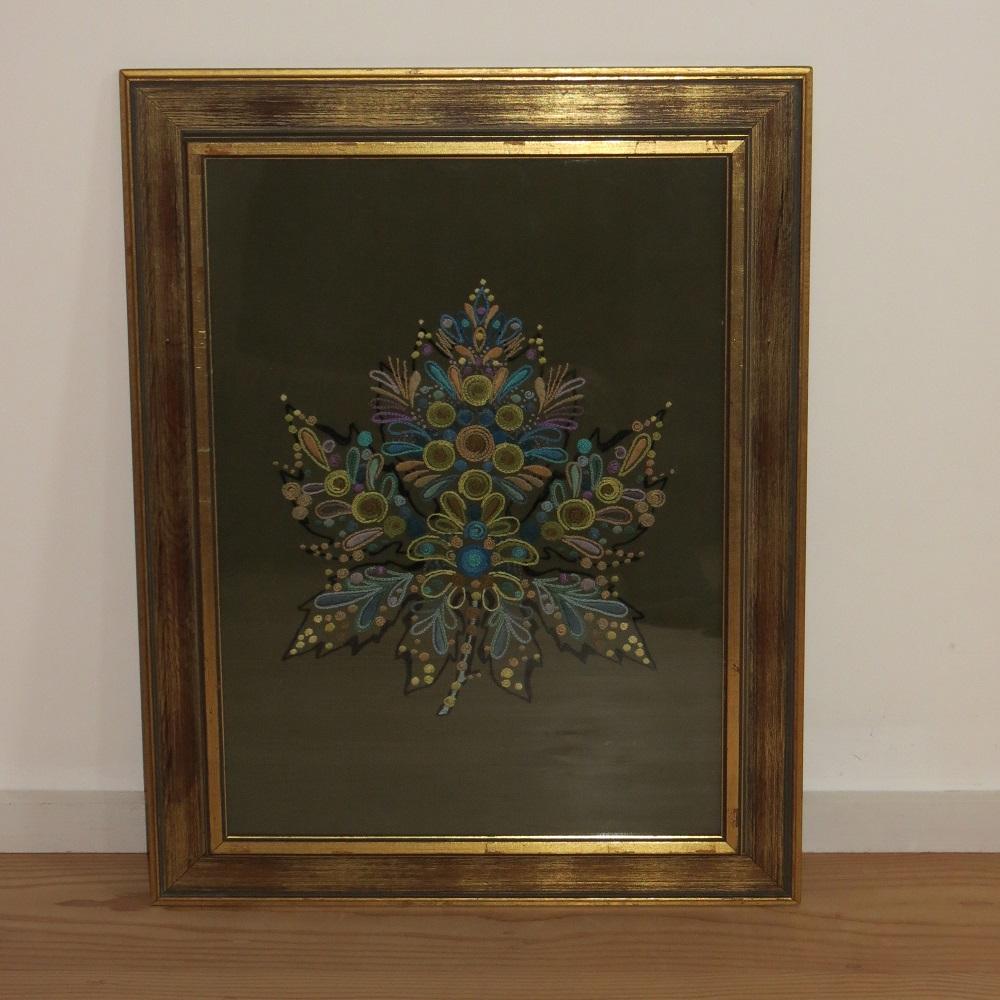 Scandinavian Swedish 1960s Wall Hanging Crewel Tapestry Picture Wall Art
A very well executed hand produced Swedish crewel needlework, wood and silk thread on canvas, mounted to board, framed with glass front.  Dates from the 1970s, stamped 