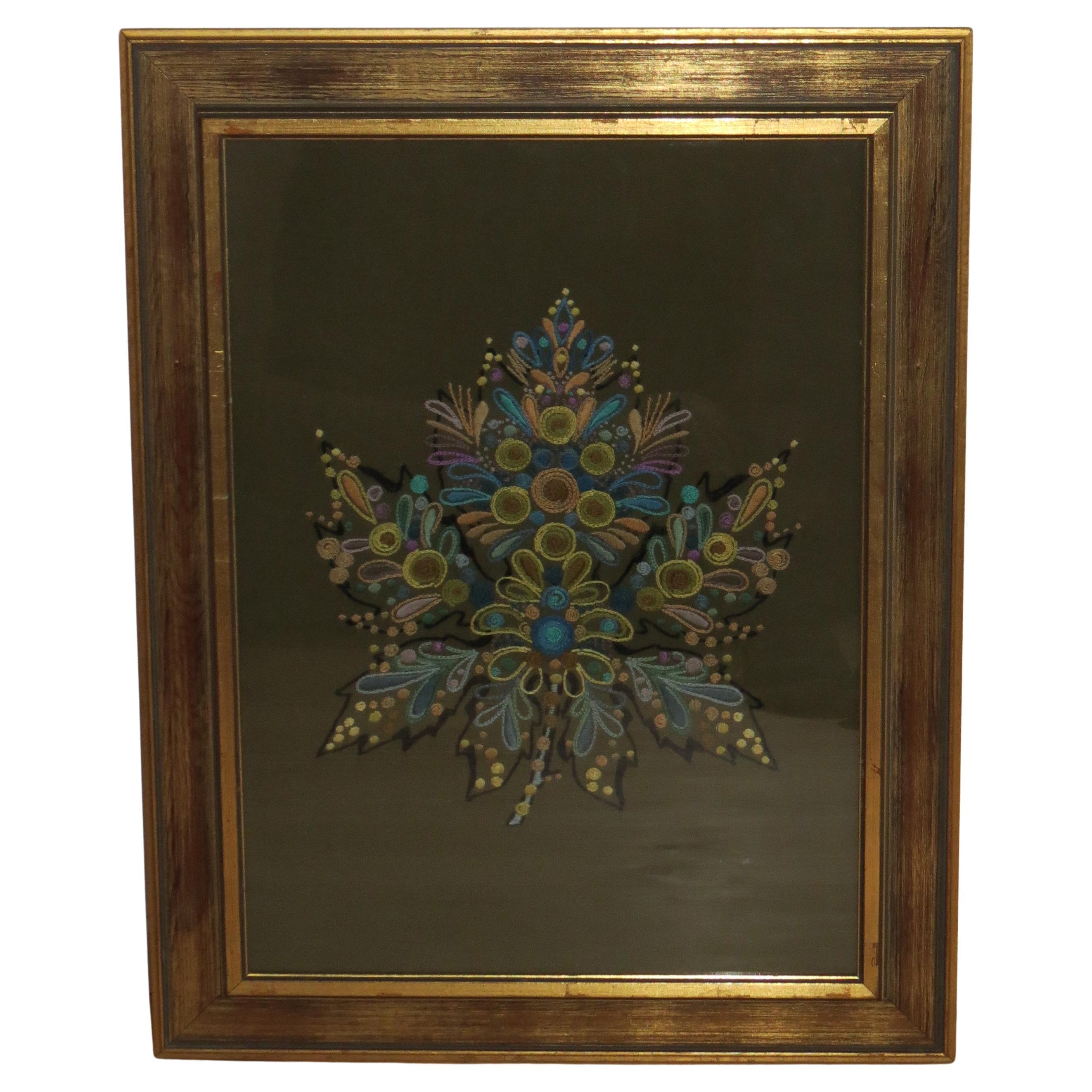 Scandinavian Swedish 1960s Wall Hanging Crewel Picture Wall Art Blue Green