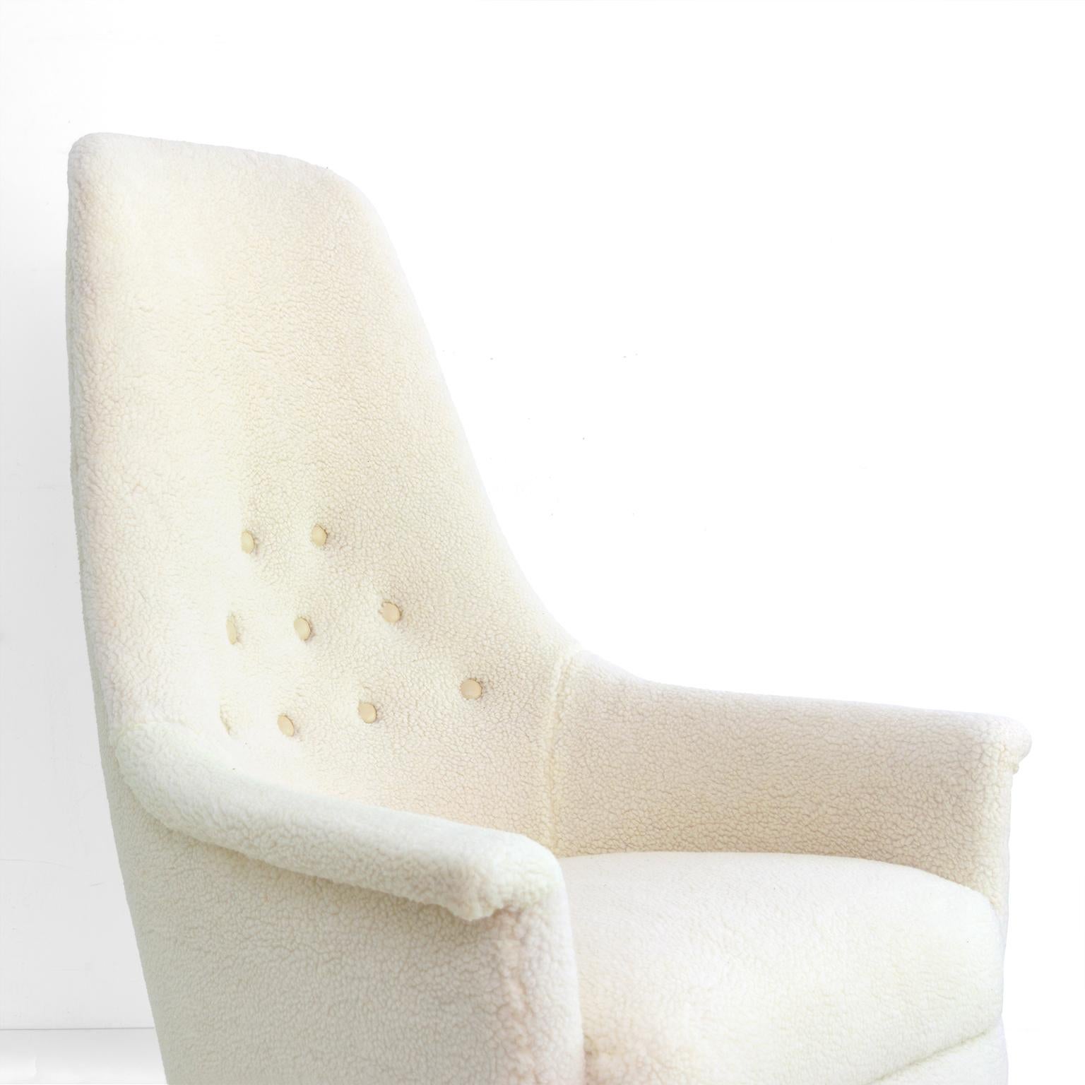 Scandinavian SWEDISH HIGH BACK LOUNGE CHAIR IN FAUX SHEEPSKIN In Good Condition For Sale In New York, NY