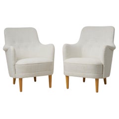 Scandinavian Swedish Modern Carl Malmsten Samsas White Bouclé Armchairs