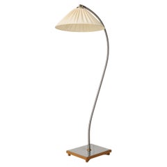 Vintage Scandinavian Swedish Modern Floor Lamp, Polished Steel Original Lamp Shade