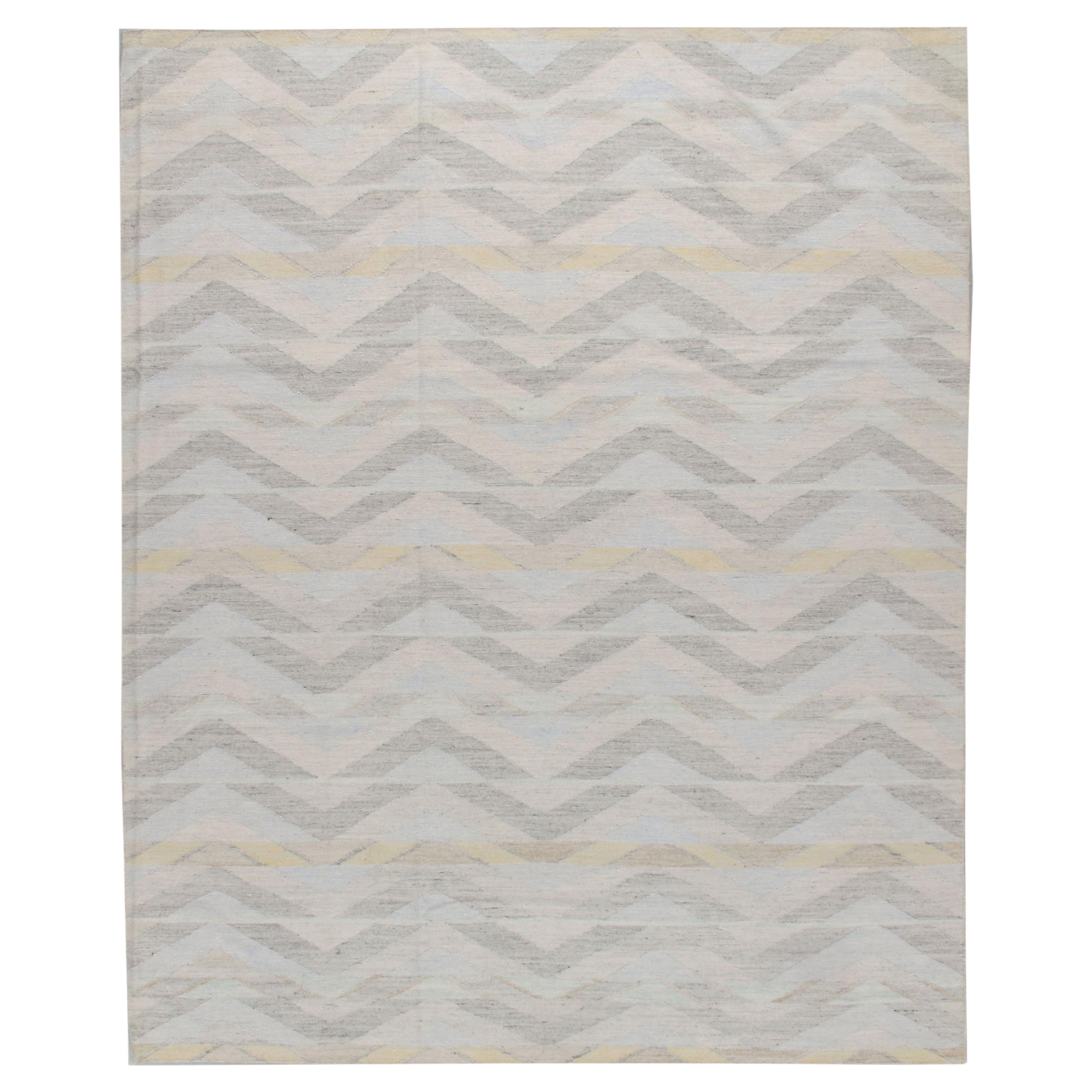 Scandinavian Swedish Style Flatweave Ivory Soft Blue Collection Deco Rug 8'x10'